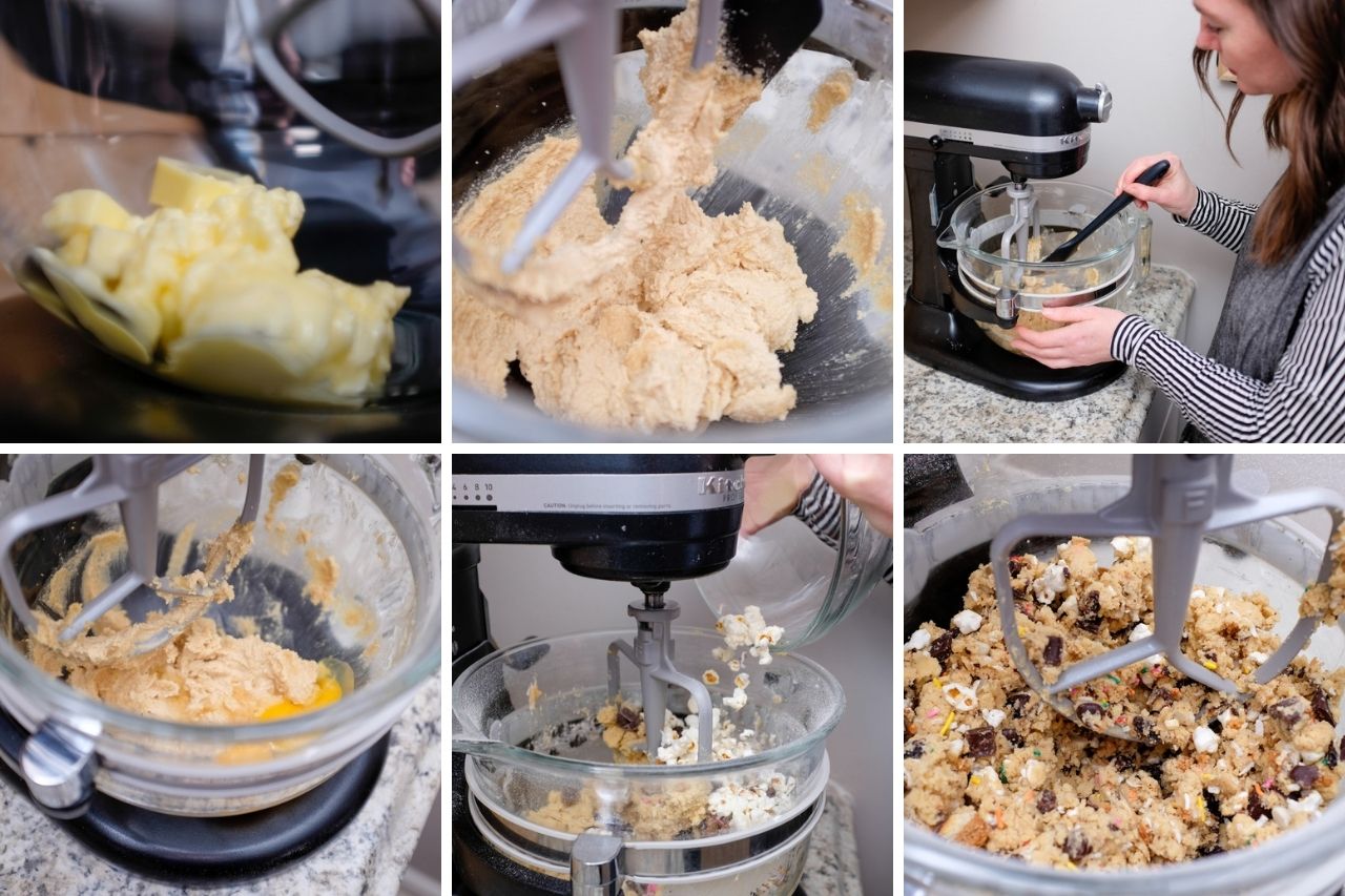 Collage of mixing ingredients for Everything Cookies