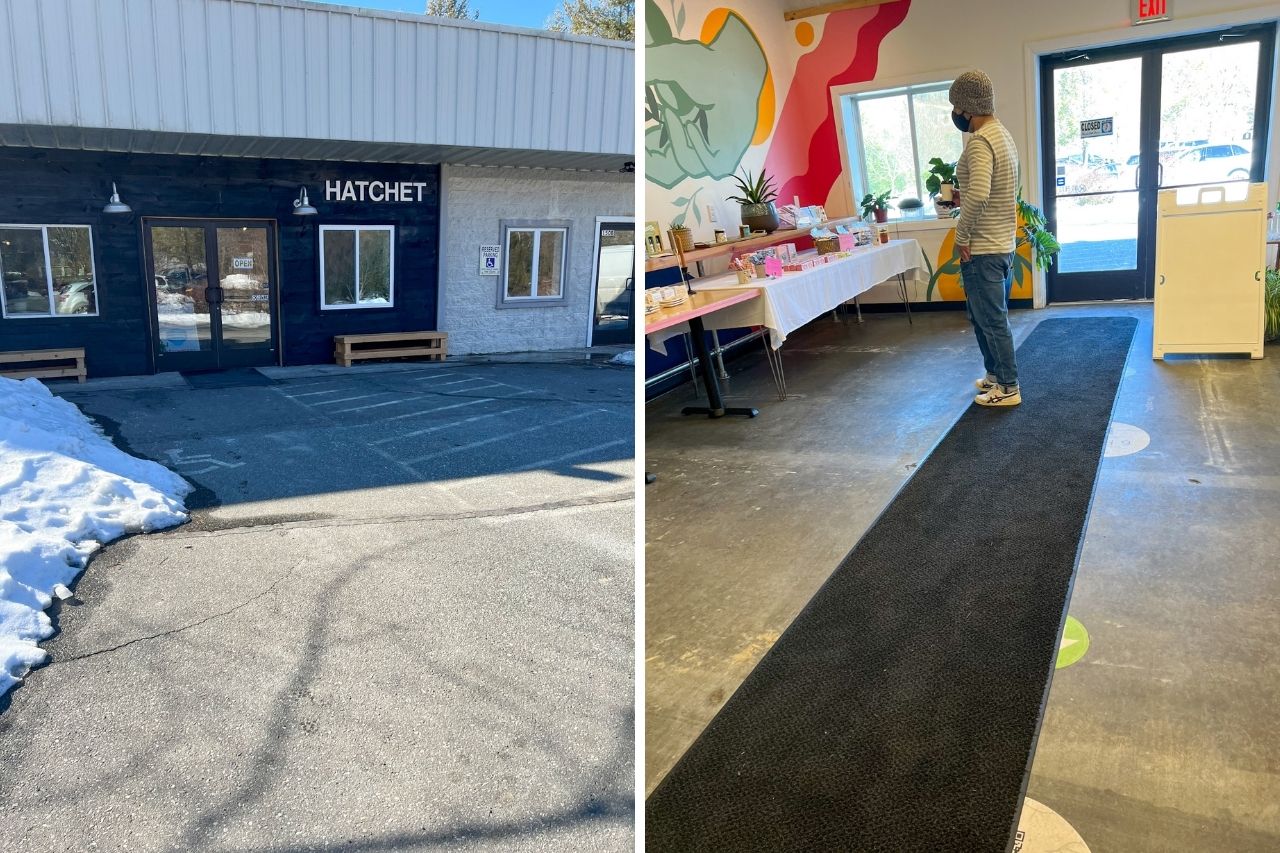 Collage: exterior of Hatchet Coffee and Michael standing looking at the inventory inside