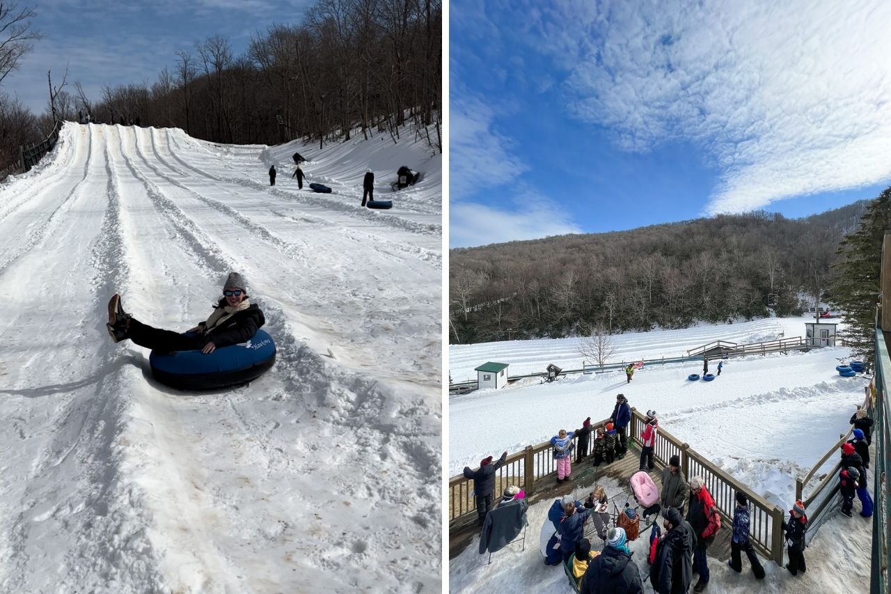 Collage: Alyssa on a tube, view of more tube runs at Hawksnest