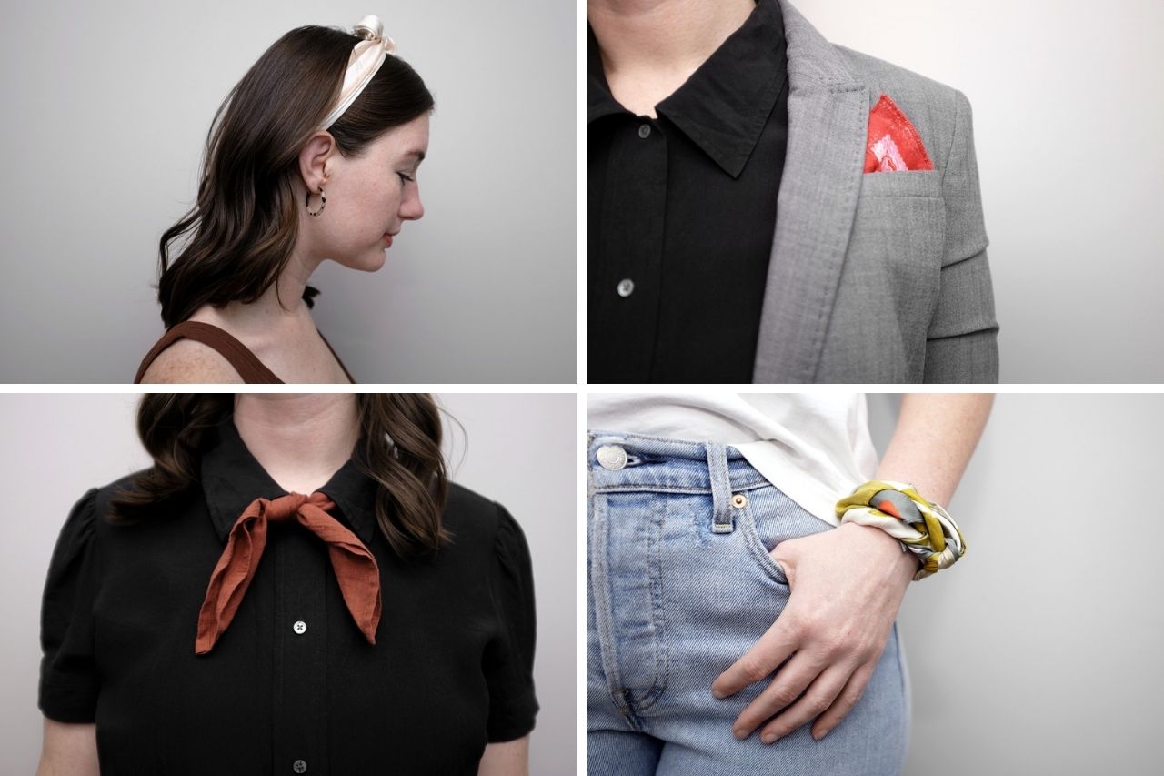 Collage of four ways to style a bandana: headband, pocket square, neckerchief, and bracelet