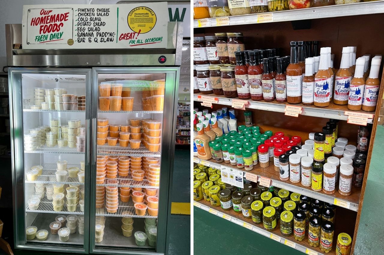 Two images: on the left is a case of pimento cheese, and on the right is a shelf of BBQ sauce and hot sauce