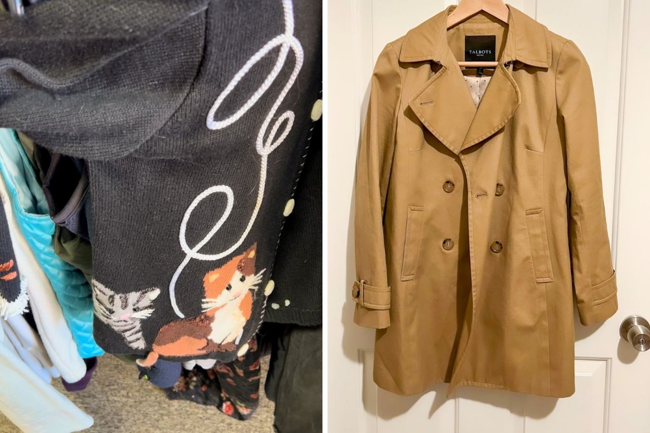 Two images: left, a sweater with cats on it and the cats have tails that dangle from the hem of the sweater (it is certainly... a choice). right: a trench from talbots