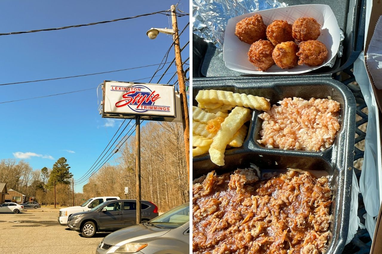 Two images: The sign at Lexington Style Trimmings and the barbecue platter