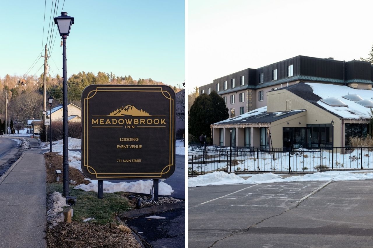 Collage: Meadowbrook Inn sign on Main Street; reverse of main building at Meadowbrook Inn