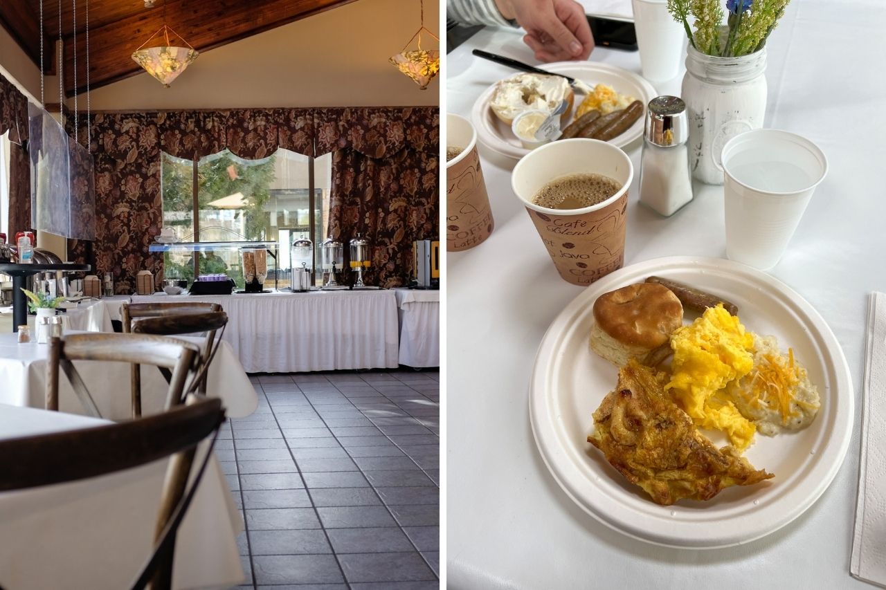 Collage: View of the dining room, and a plate filled with eggs, pancake, and sausage