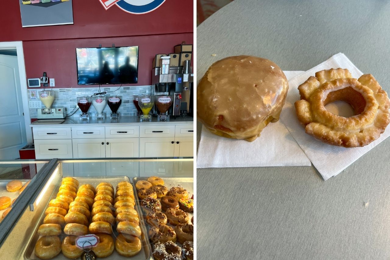 Two images. On the left is a case of donuts and in the background are the different filling options (like chocolate, lemon, etc.). On the right is a cake donut and a filled maple donut.