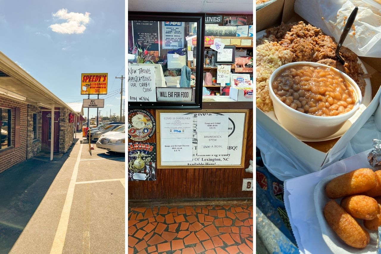 Three photos: exterior of Speedys, interior of Speedy's, and a bbq plate