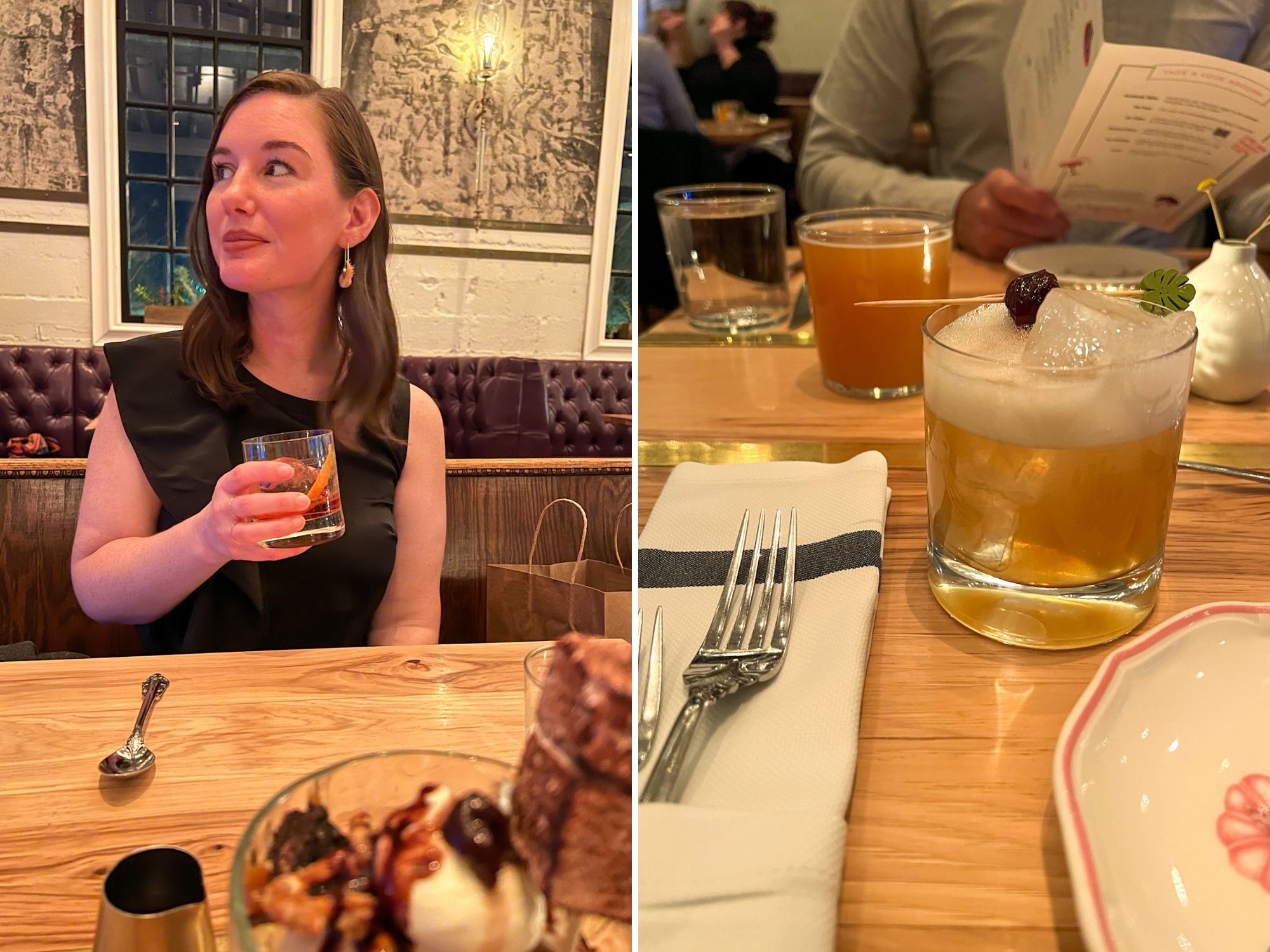 Two images: Alyssa holding a negroni, and a shot of the Karma cocktail
