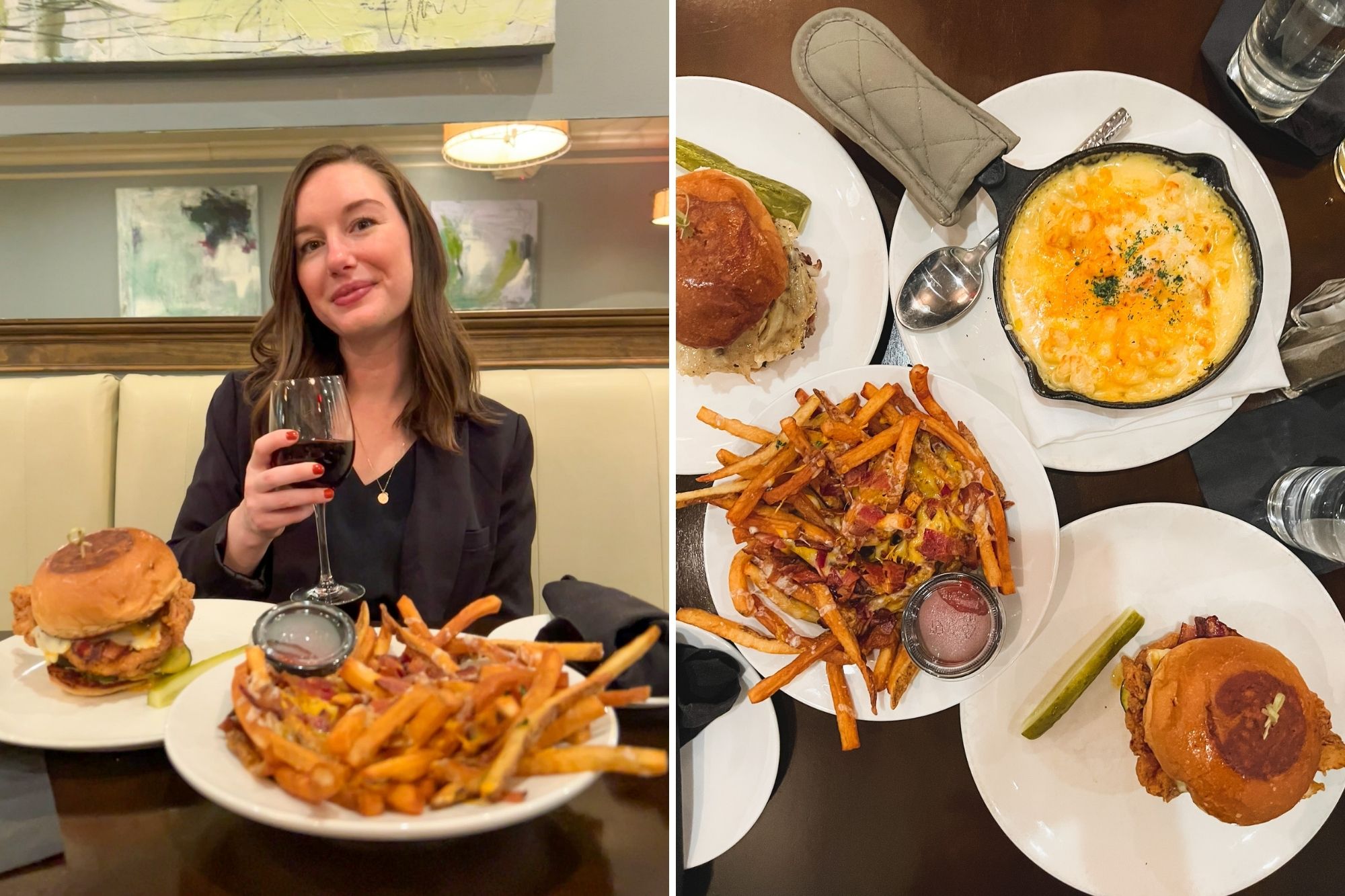 Two images: Alyssa with a glass of wine and a chicken sandwich with fries; An overhead shot of the meal