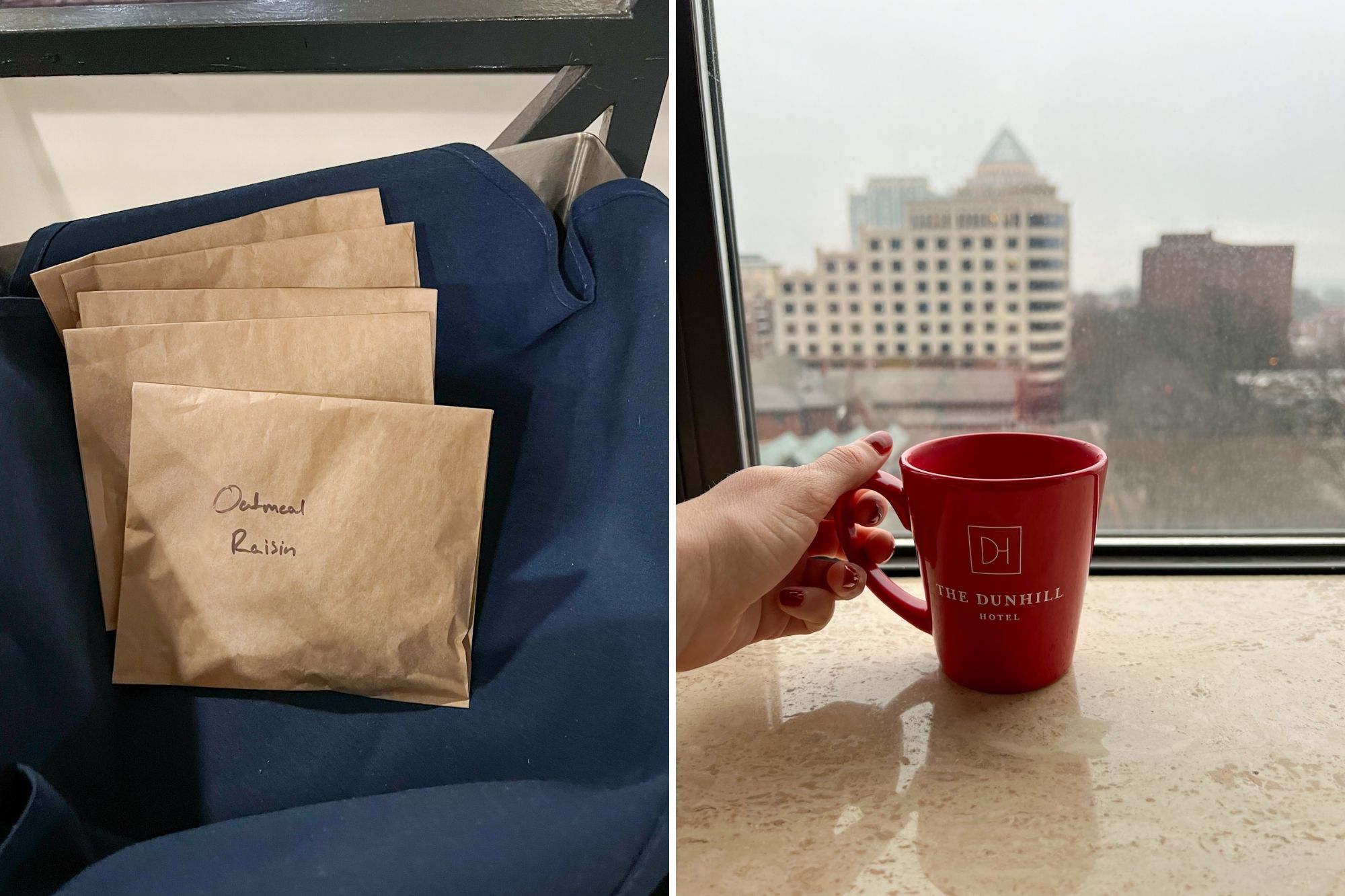 Collage: A basket of Oatmeal Raisin cookies in the lobby, and a mug that reads The Dunhill Hotel