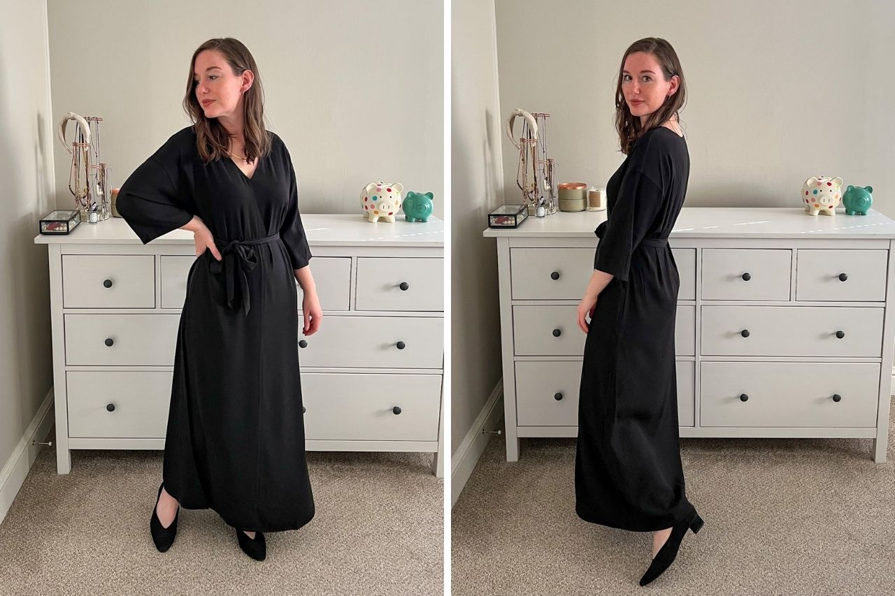 Two images of Alyssa wearing a long, flowy black dress with block heels