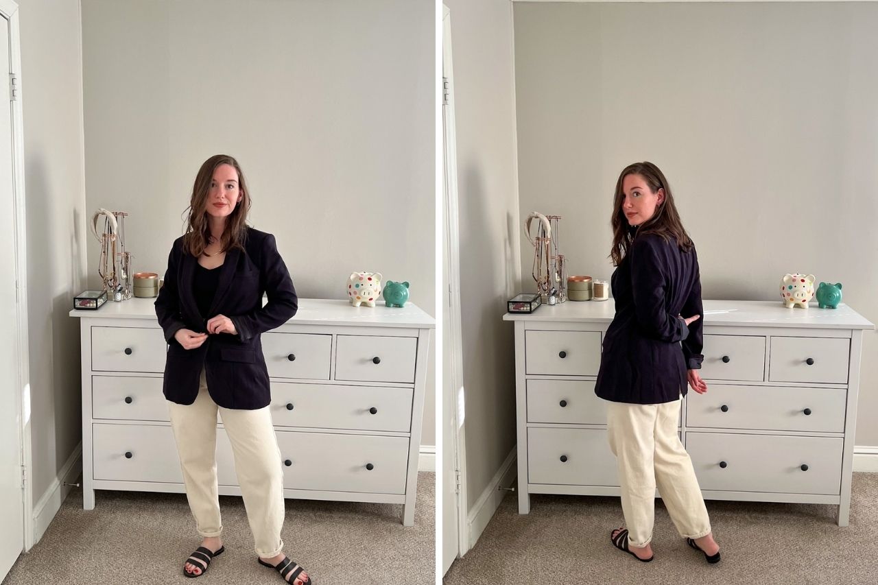 Two images of Alyssa wearing a pair of white jeans, black crop tops, black strappy sandals, and a black blazer