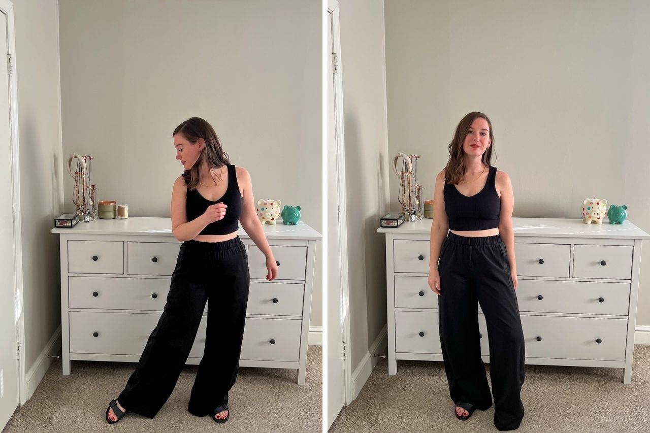Two images of Alyssa wearing a cropped top, wide leg pants, and Birkenstocks