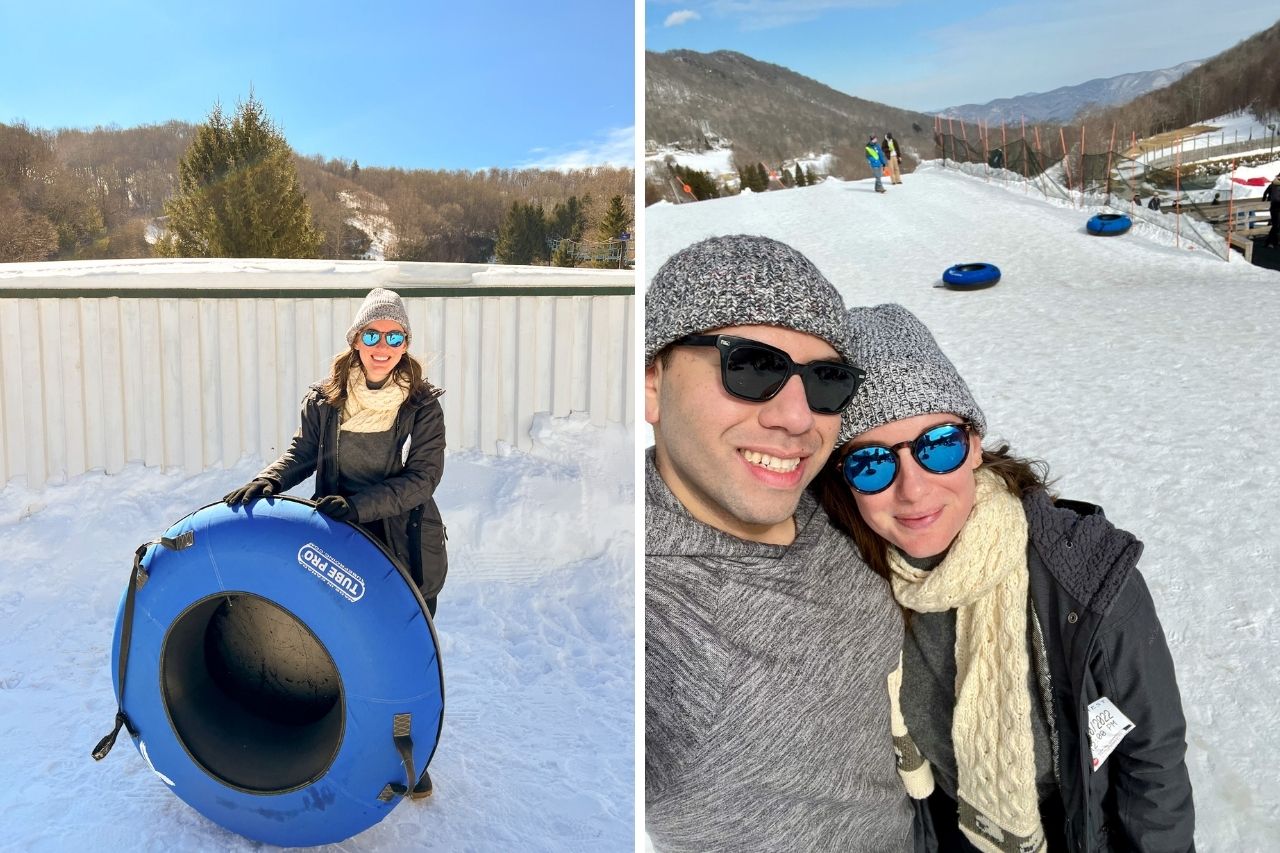 Alyssa holding a snow tube and Alyssa and Michael in front of the tubing runs. They are dressed for snow activities