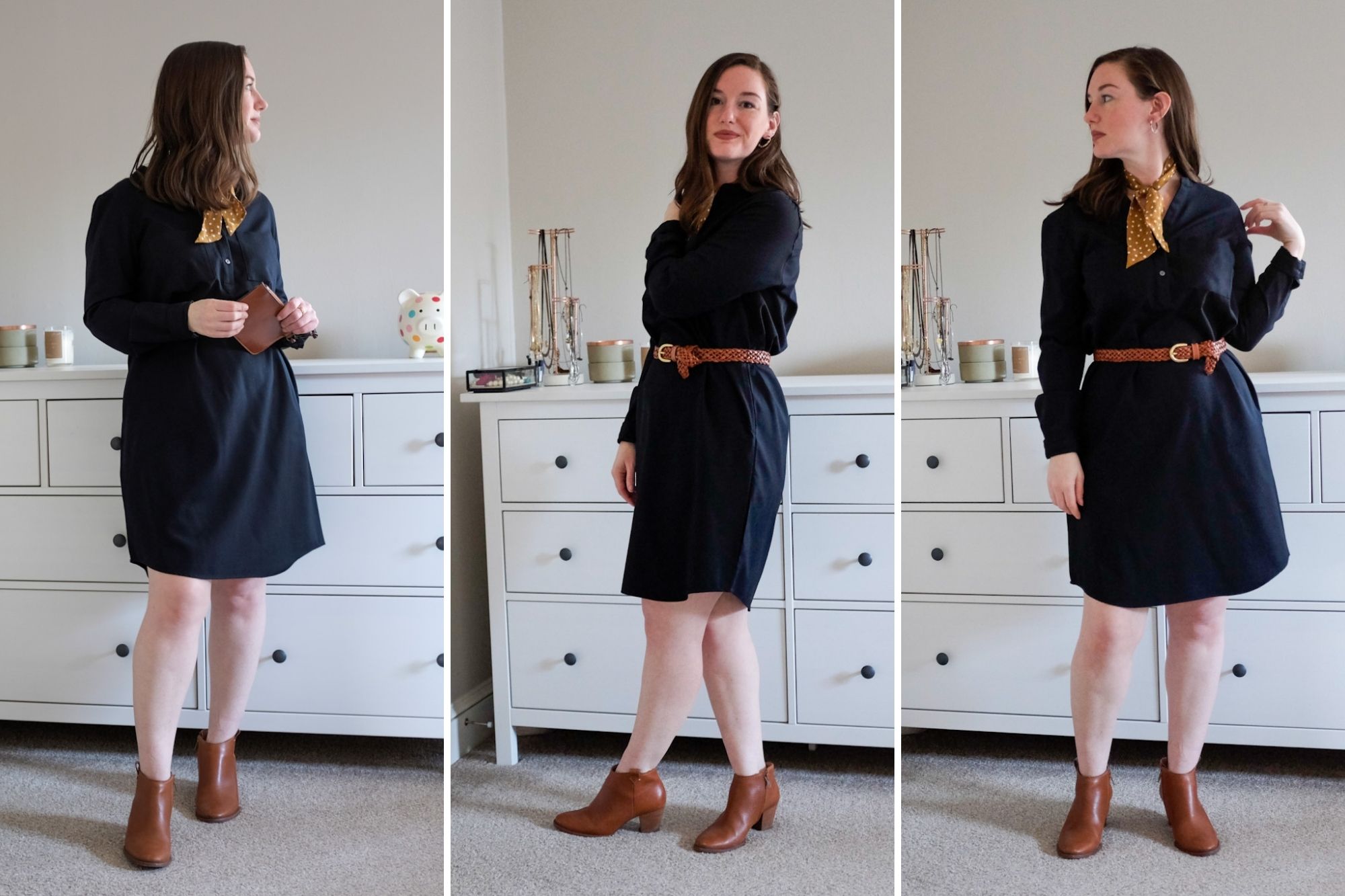 Alyssa wears the dress with brown boots, a brown braided belt, and a polka dot silk scarf