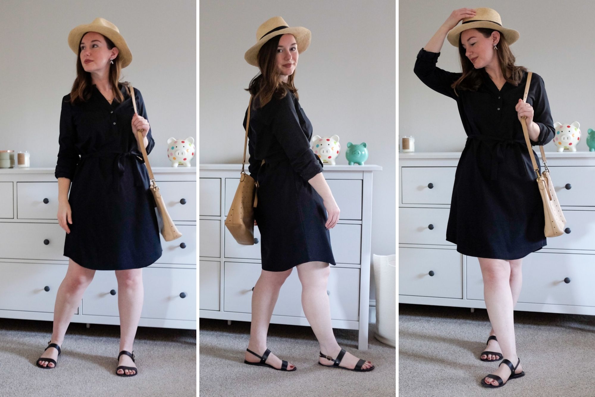 Alyssa wears the Clara dress with black sandals, a tan purse, and a Panama hat