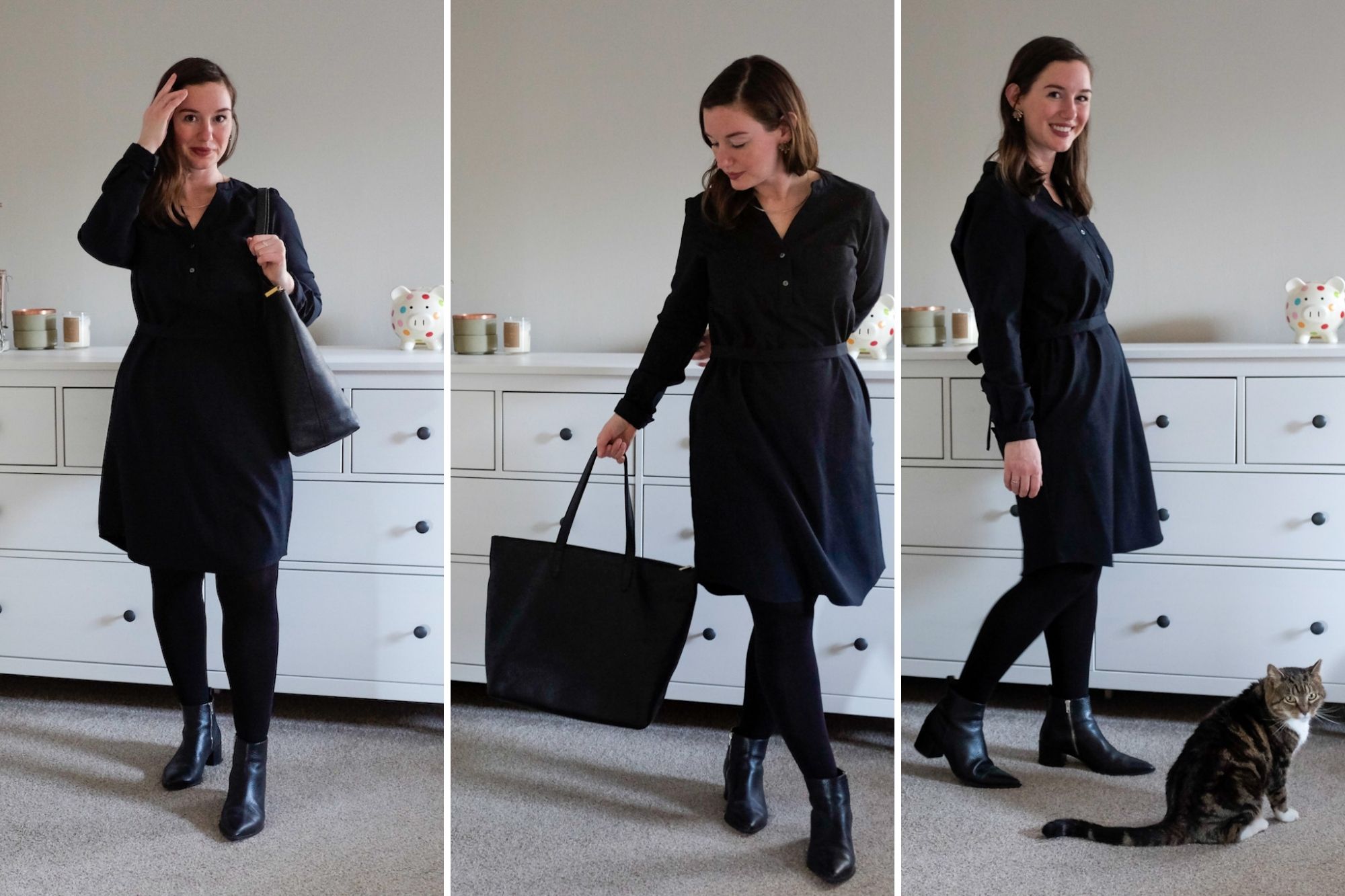 Alyssa wears the Clara dress with black tights and a black tote bag. Her cat Meow is in the shot