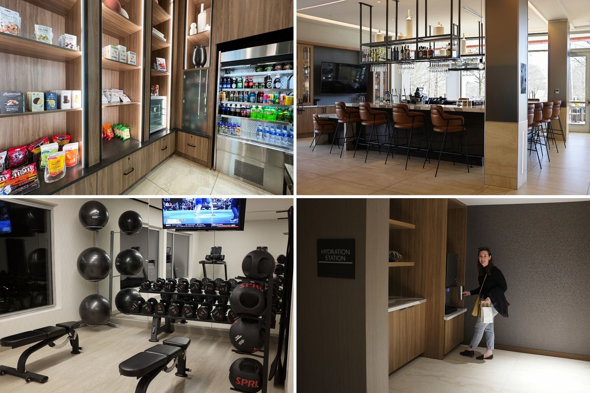 Collage: Hotel convenience store, lobby bar, fitness center, and hydration station