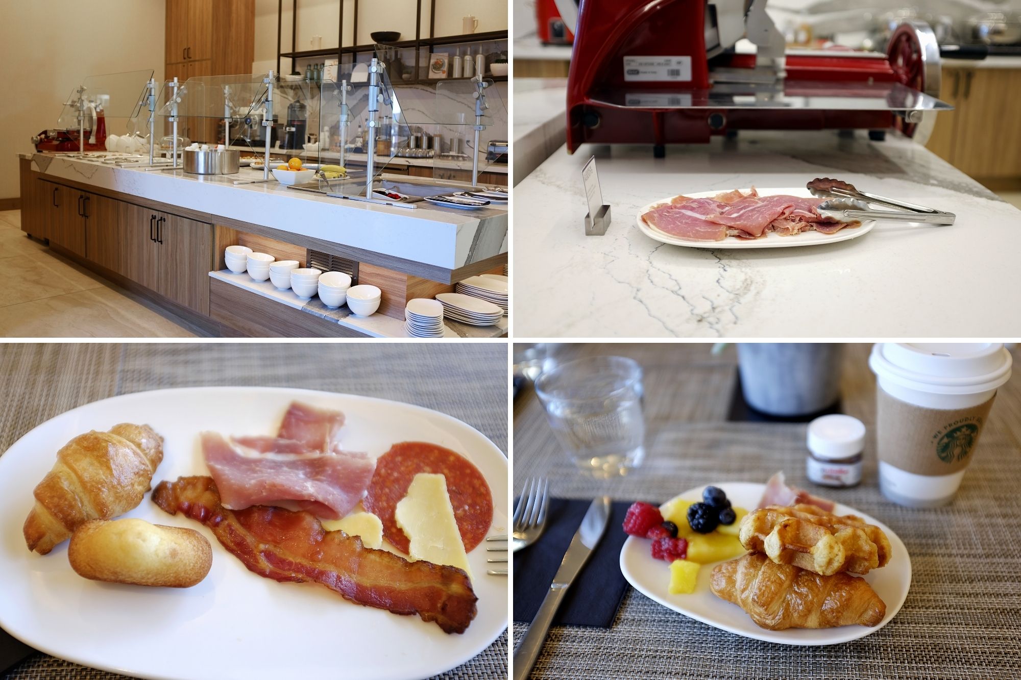 Collage: The breakfast area at the AC Hotel, and Alyssa and Michael's plates of breakfast. There are lots of pastries and fruit on her plate, and lots of meats and cheeses on his