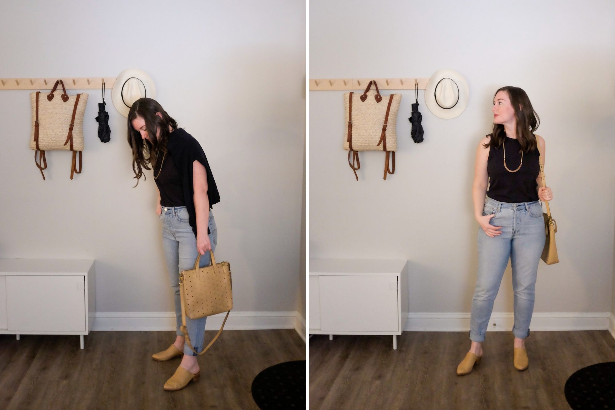 Two Images: Alyssa wearing the muscle tank, light blue jeans, tan mules, and a tan bag. In one of the photos she also has a sweatshirt draped over her shoulders