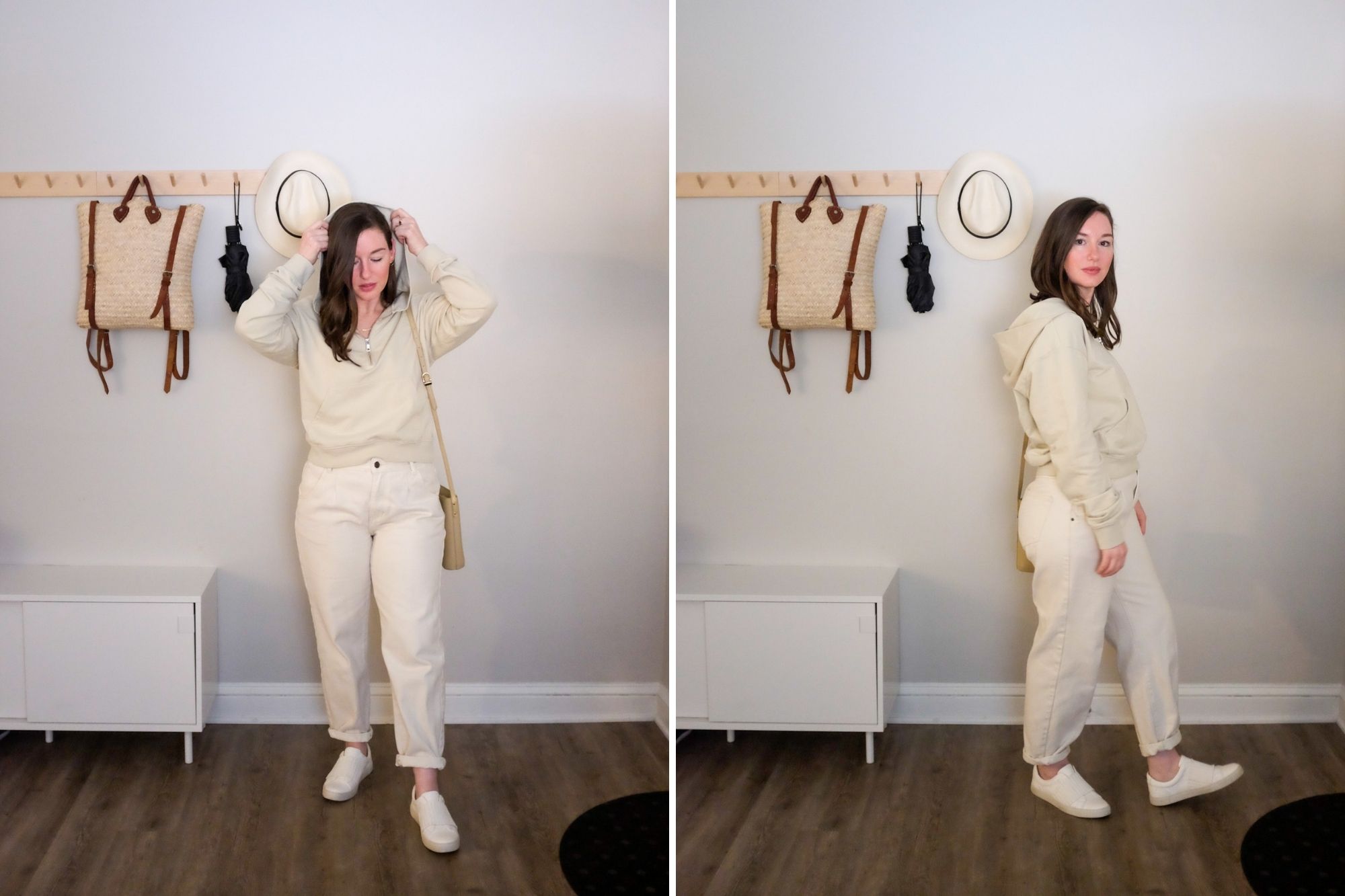 Two images: Alyssa wearing the Everyday Half Zip Hoodie, cream denim, white sneakers, and a cream crossbody purse. In one photo she is facing the camera and pulling the hood up, and in the other she is facing the viewer's right 