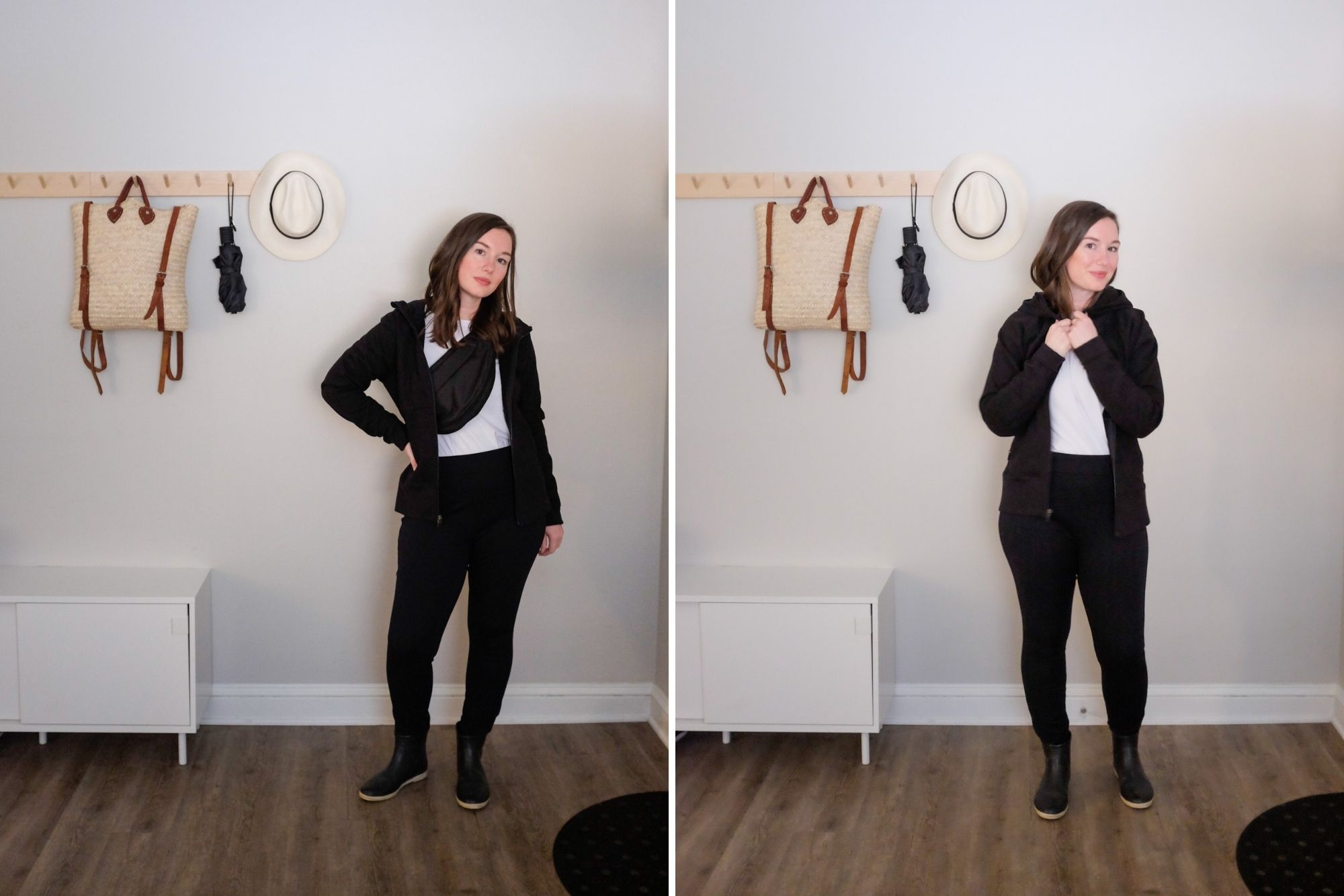 Two Images. Alyssa is wearing the Storm Full Zip hoodie, ponte pants, a white tee, and rainboots. In one image she is wearing a belt bag worn across her chest, like the cool kids do