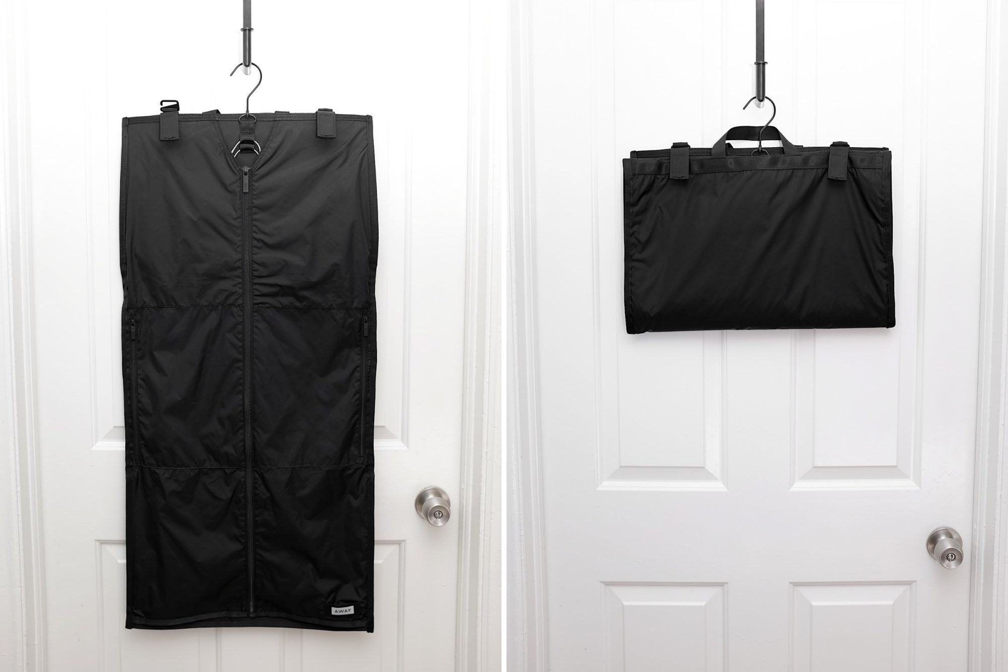 The Centerfold Garment Sleeve hangs from a hook