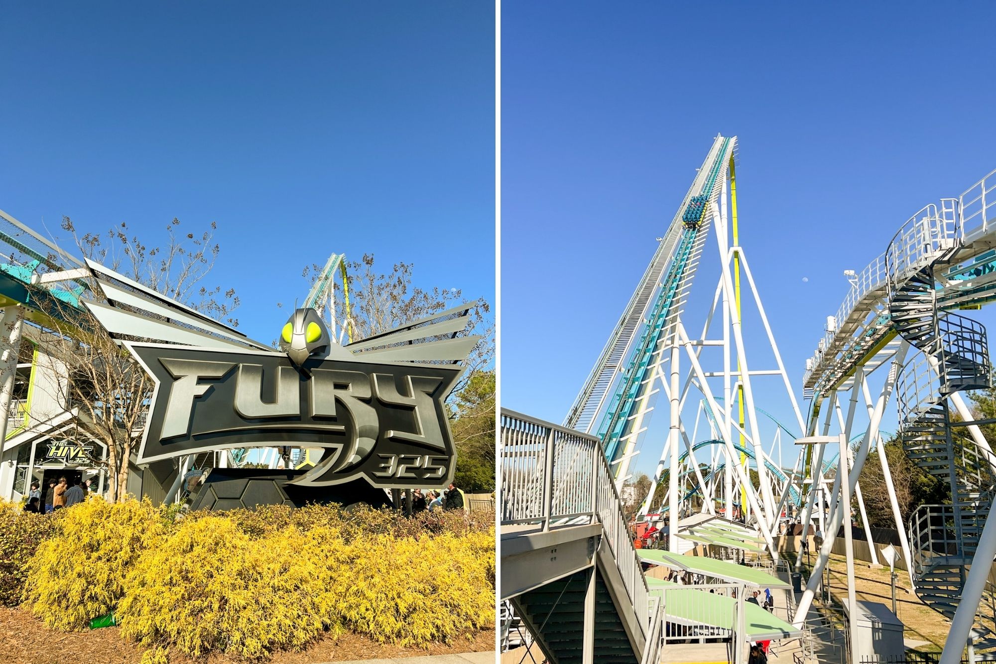 left: sign advertising the ride; right: view of the steep climb on the ride