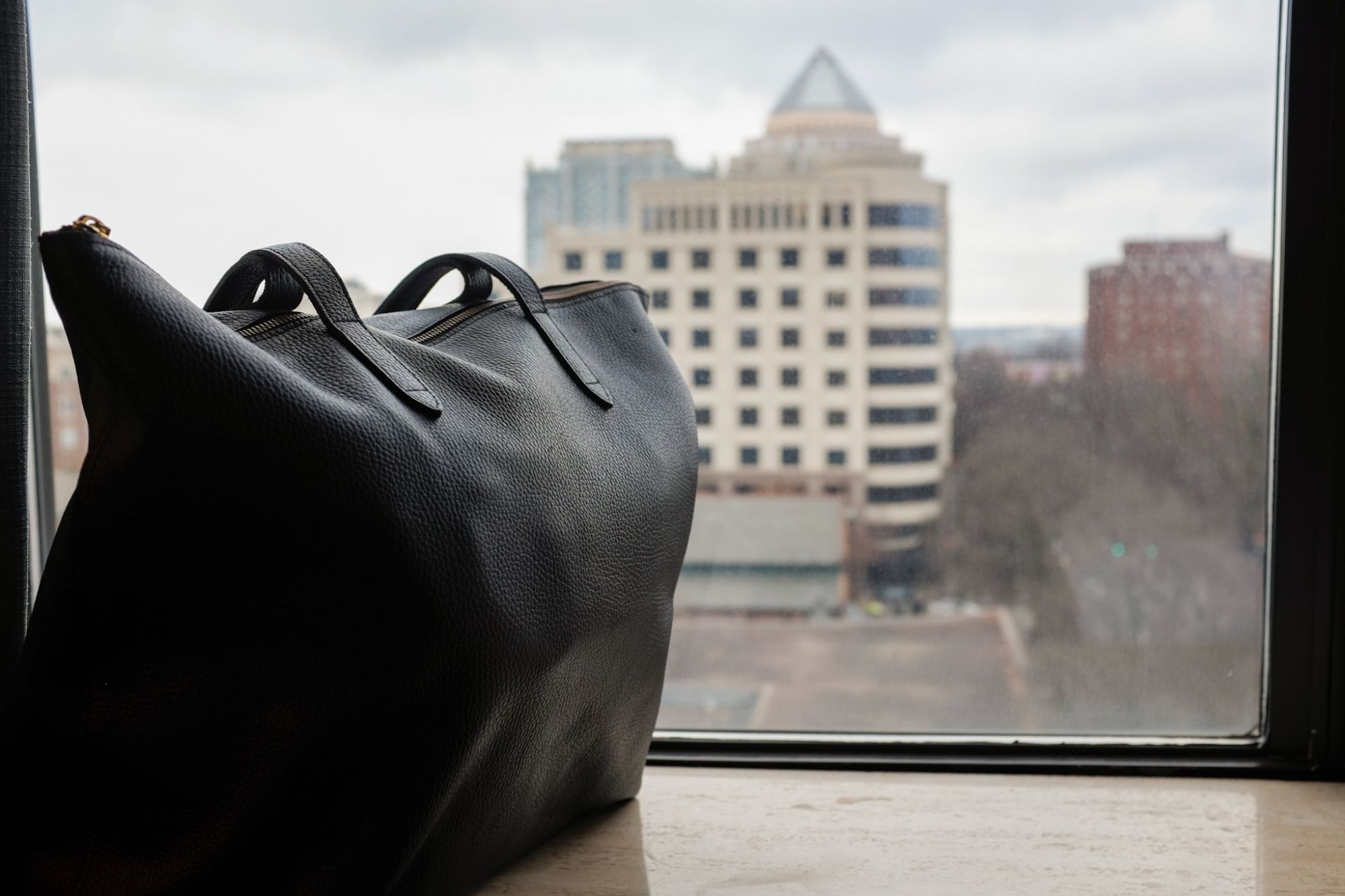 The Zipper Tote sits in a window overlooking Charlotte