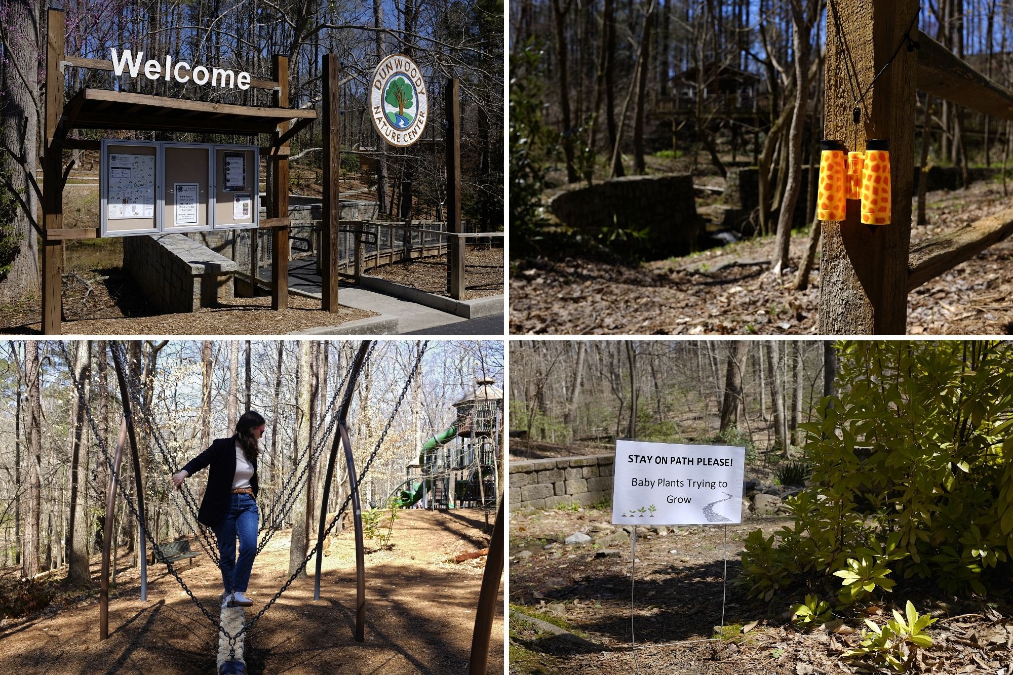 Collage: entrance to Dunwoody Nature Center, a pair of binoculars hanging from a pole, Alyssa on the playground, and a sign warning to stay on the path