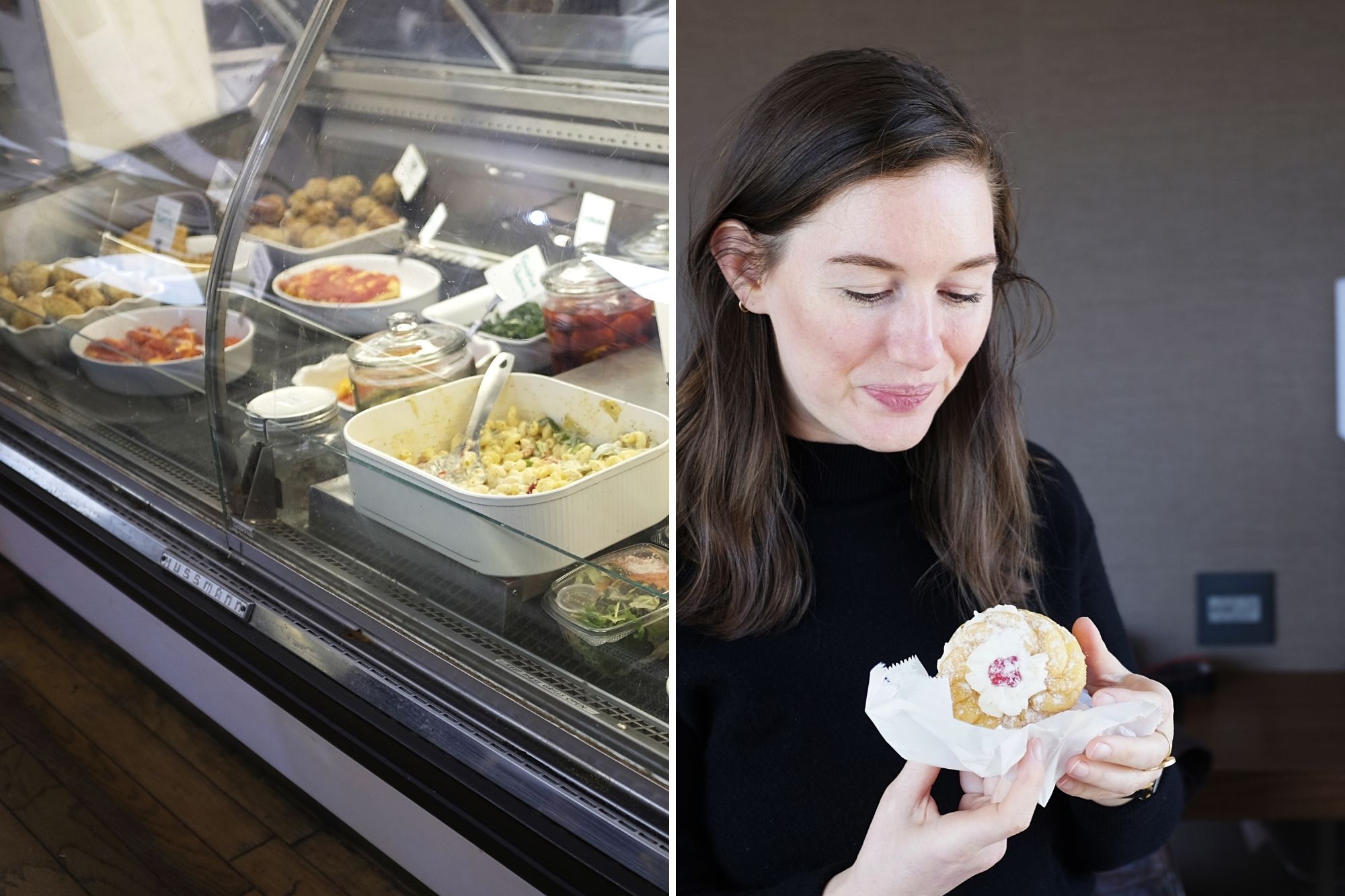 Collage: Case of prepared foods at E. 48 St Market; Alyssa eating a pastry