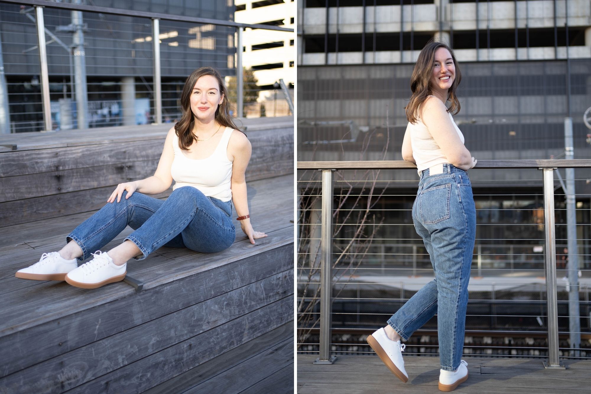 two images of Alyssa (one standing and one sitting) wearing a cream tank, blue jeans, and white sneakers