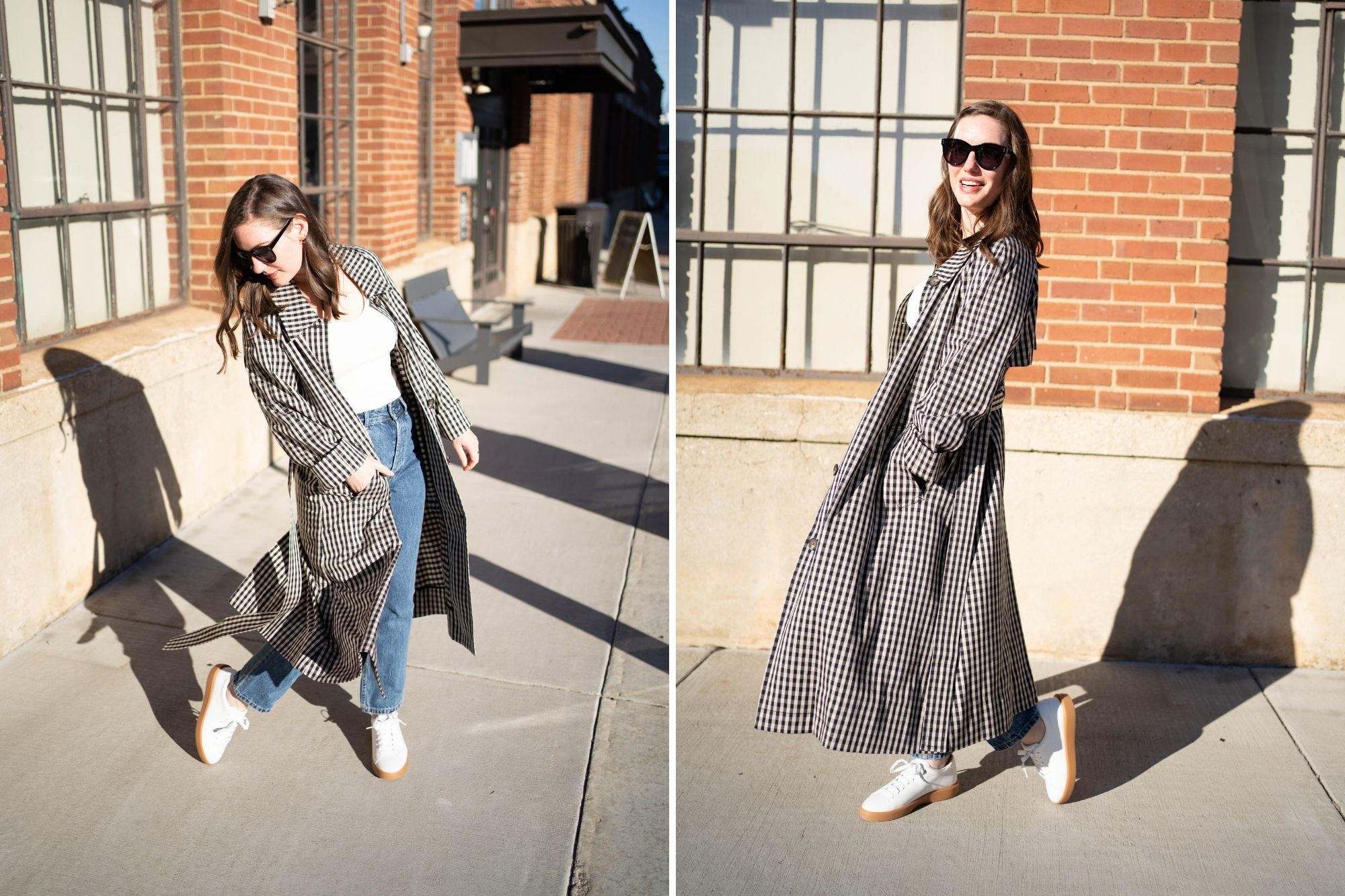 Alyssa wears a cream tank, blue jeans, gingham trench, and white sneakers