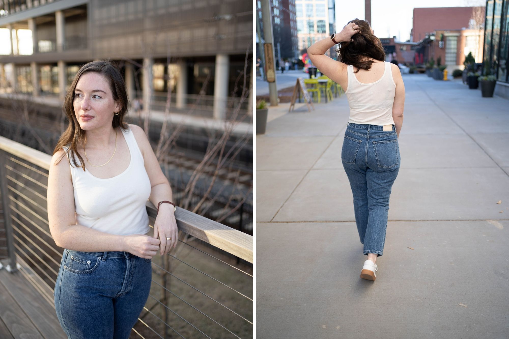 Alyssa wears a cream tank, blue jeans, and white sneakers