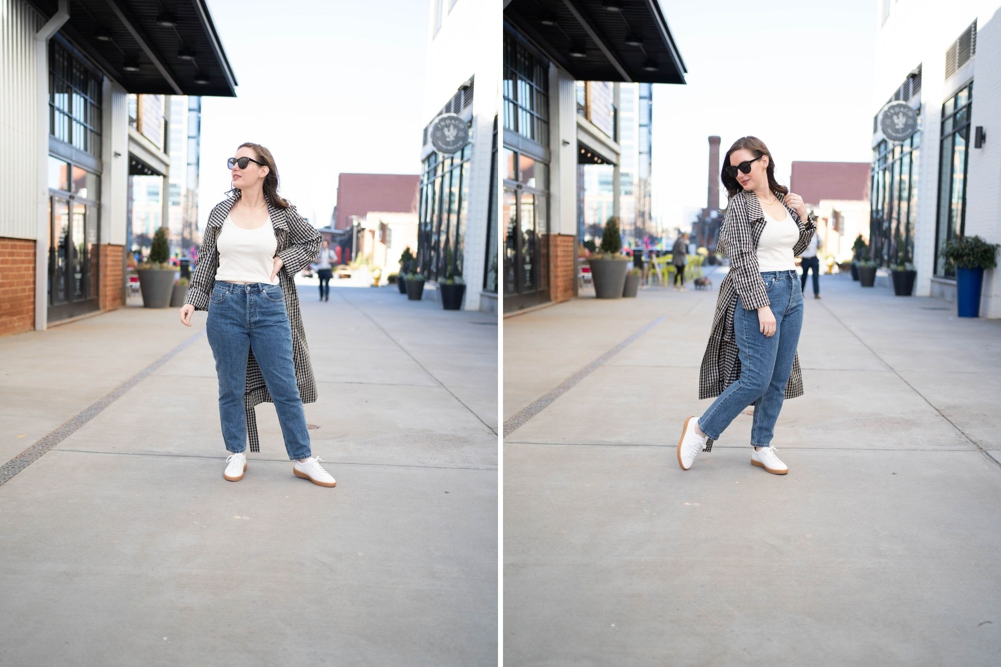 Alyssa wears a cream tank, blue jeans, gingham trench, and white sneakers