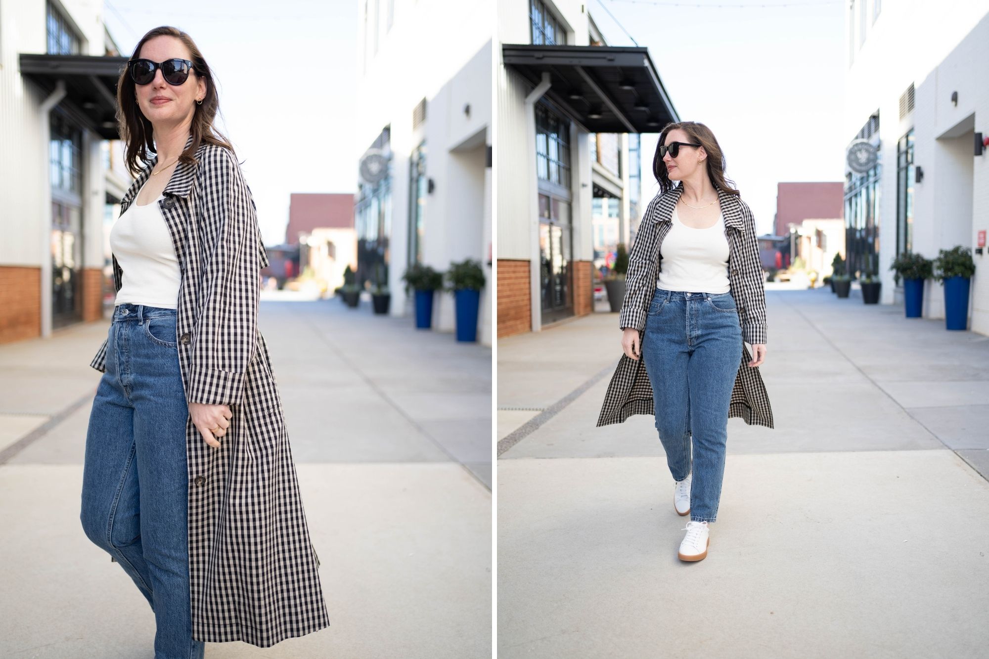 Alyssa wears a cream tank, blue jeans, gingham trench, and white sneakers