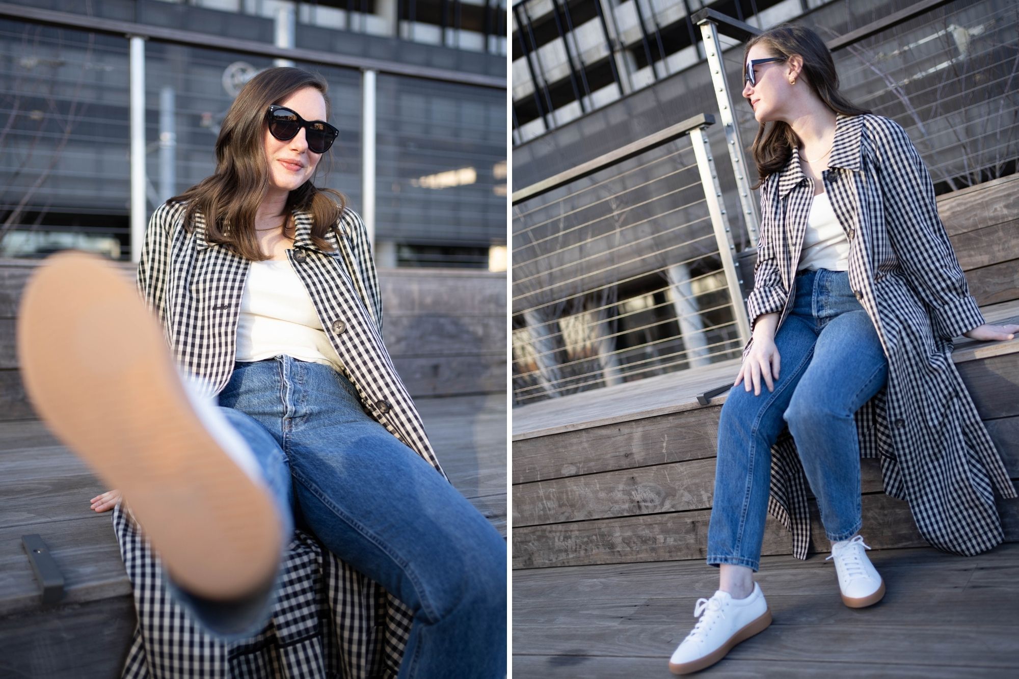 Alyssa wears a cream tank, blue jeans, gingham trench, and white sneakers