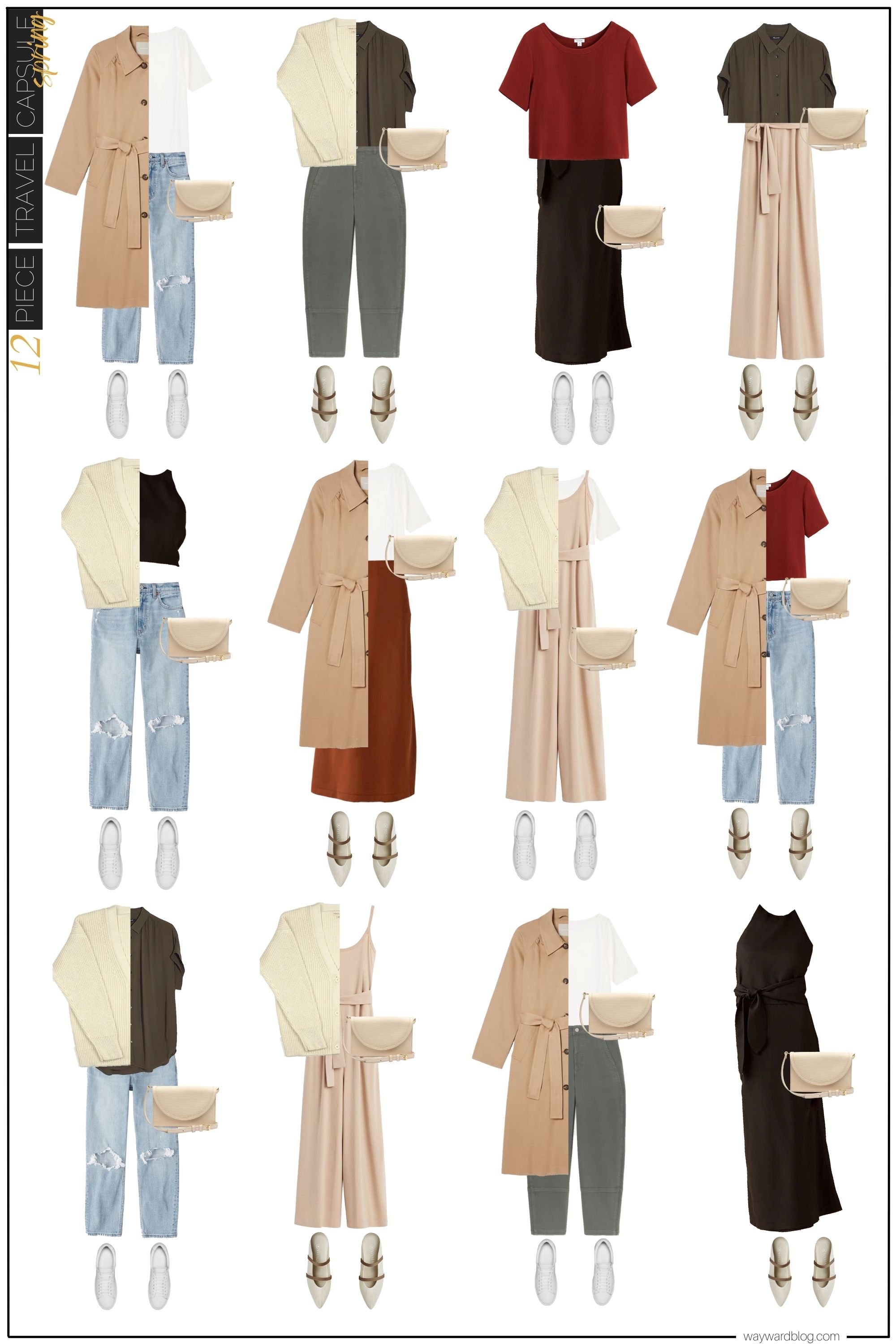 Collage of twelve outfits created from the pieces in this post