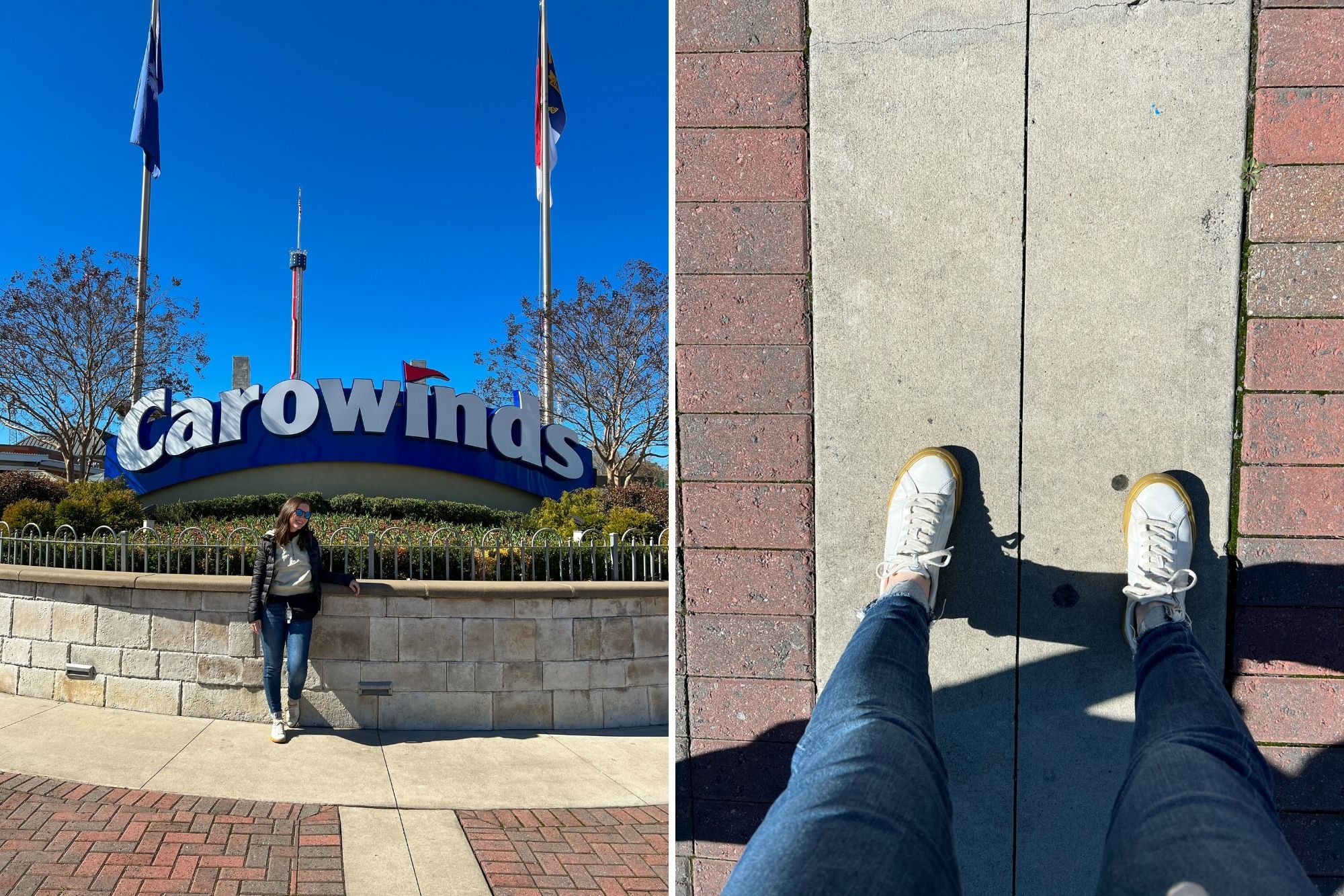 Alyssa wears a white hoodie, blue jeans, a black puffer jacket, a belt bag, sunglasses, and white sneakers