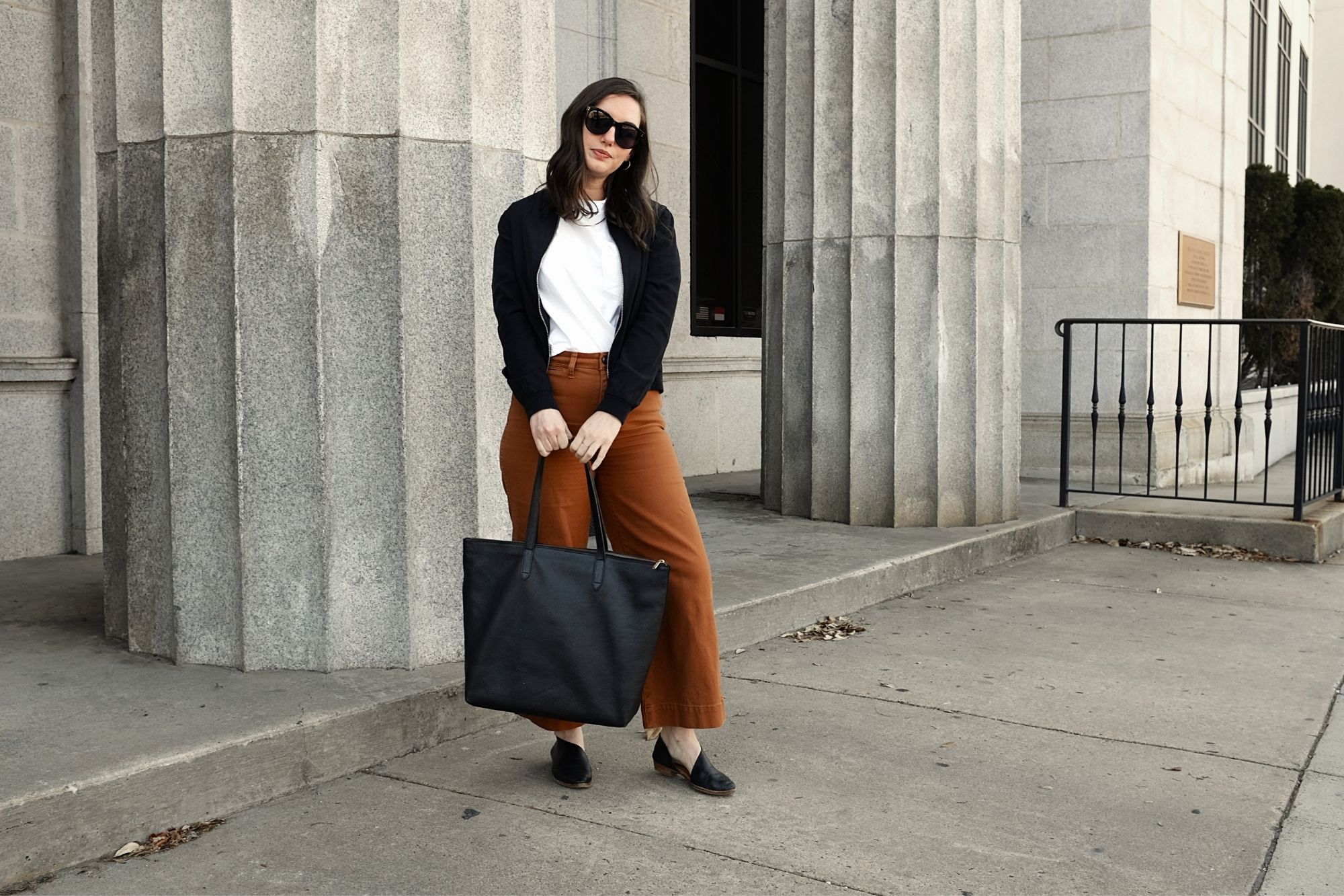 leather top zip tote black