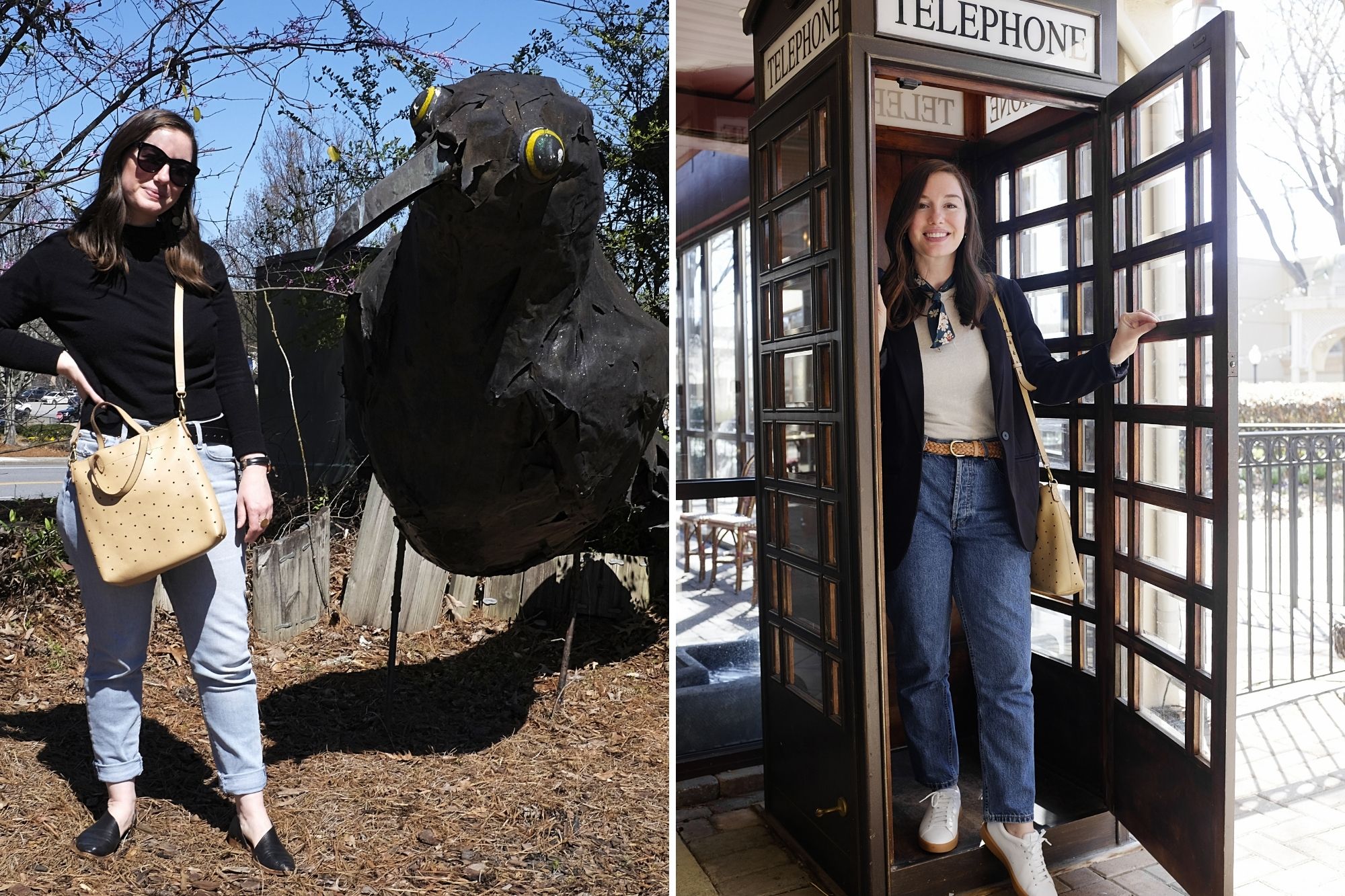 Left: Alyssa stands with a crow sculpture; Right: Alyssa stands in a phone booth