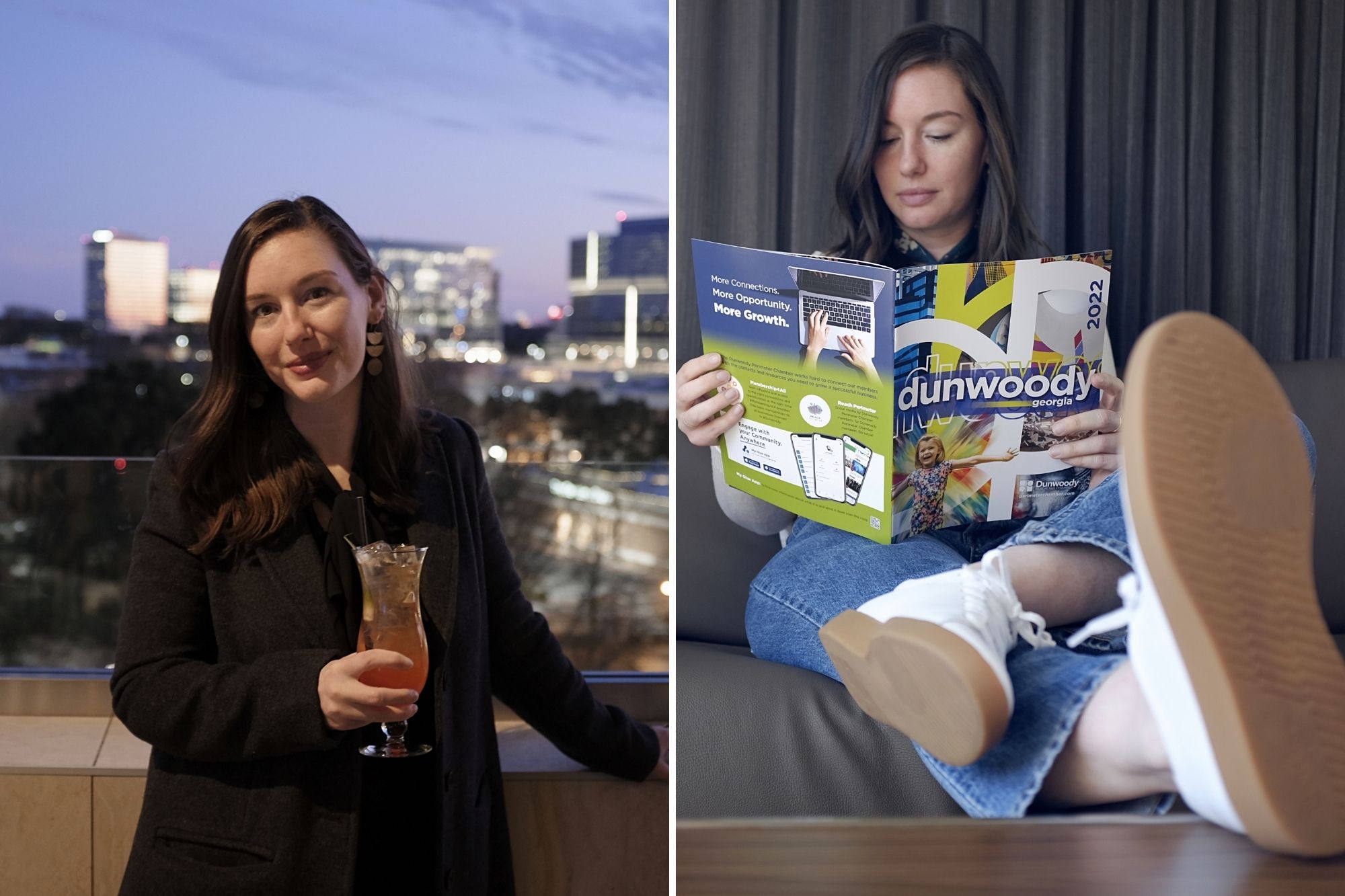 Left: Alyssa at the rooftop bar; Right: Alyssa reading a local guide