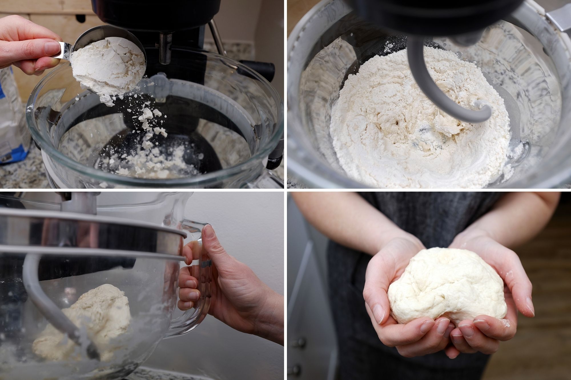 Four shots: adding the flour, starting to knead, checking the dough, and the final dough