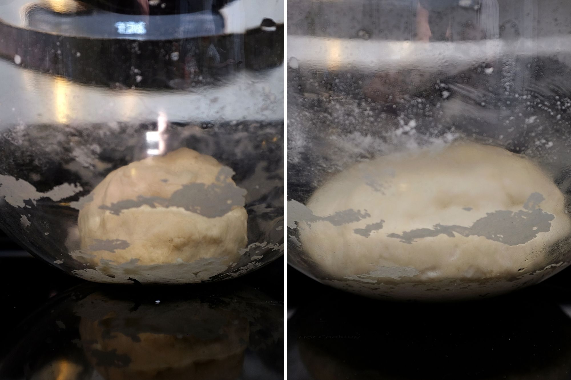 The pizza dough in a bowl before and after rising; it has expanded significantly