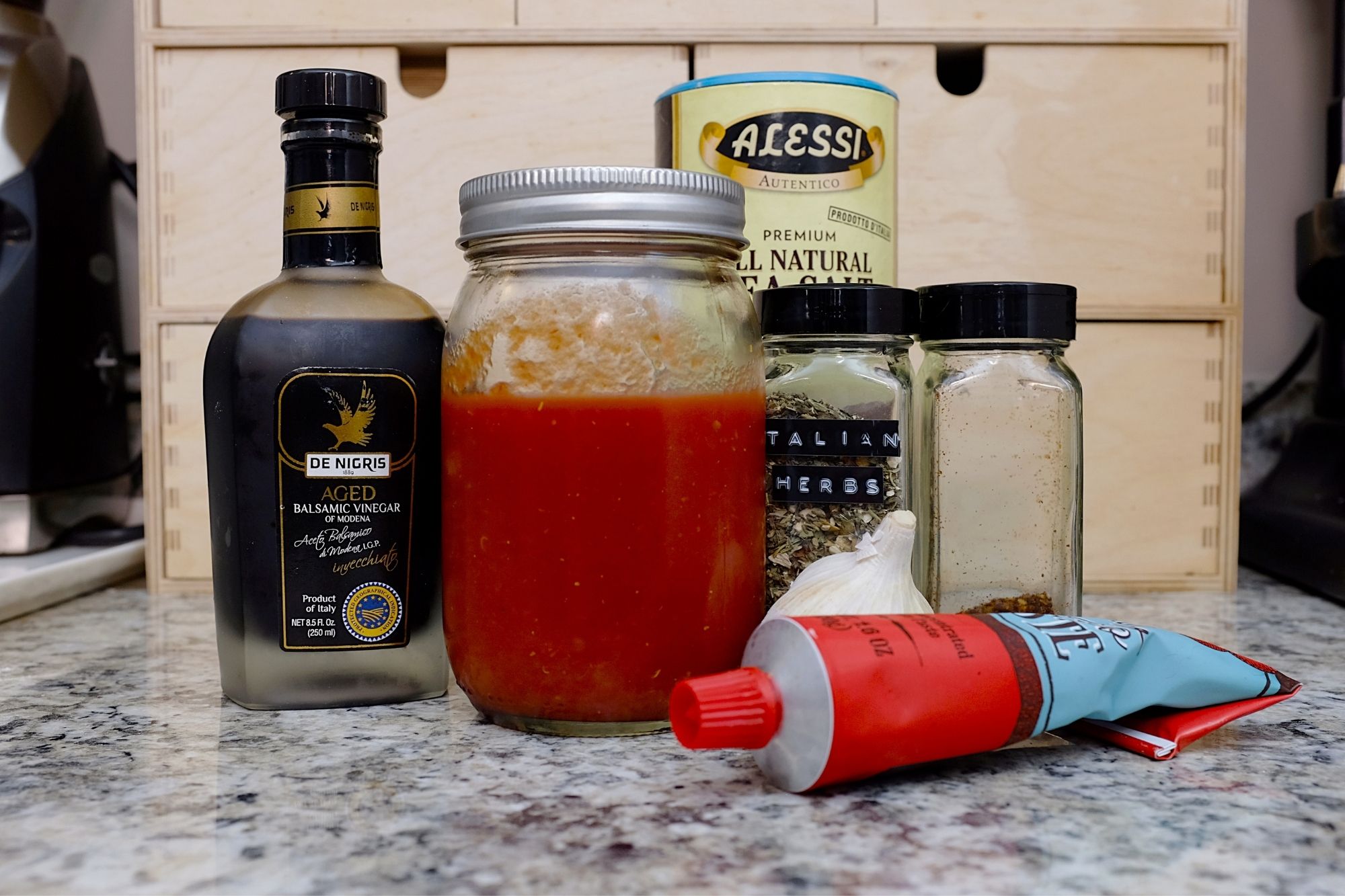 sauce ingredients: tomatoes, vinegar, tomato paste, red pepper flakes, Italian seasoning, and salt