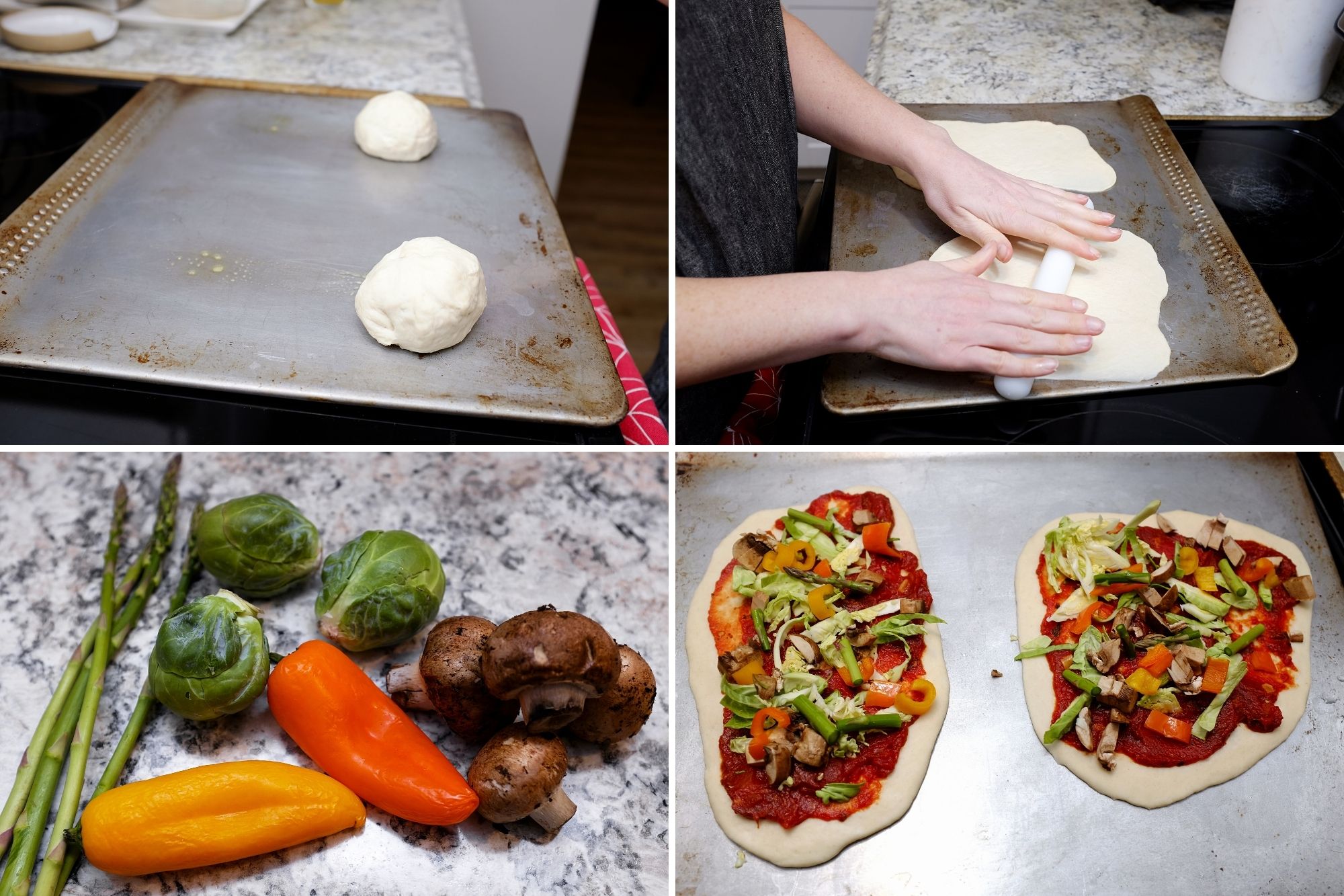 four images: balls of dough on a baking tray, Alyssa rolling the dough, sad veggies from the fridge, and the pizzas topped with veggies and sauce