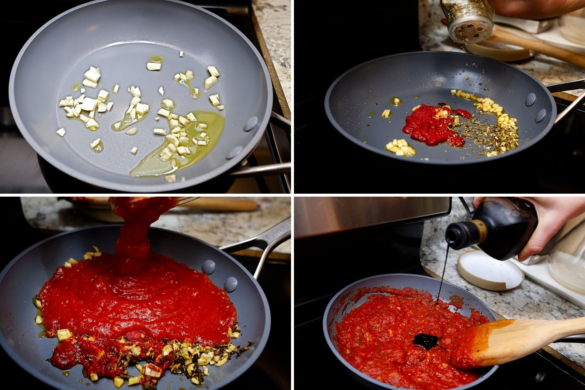 the steps of the sauce: saute garlic, add tomato paste and herbs, add tomatoes, add vinegar