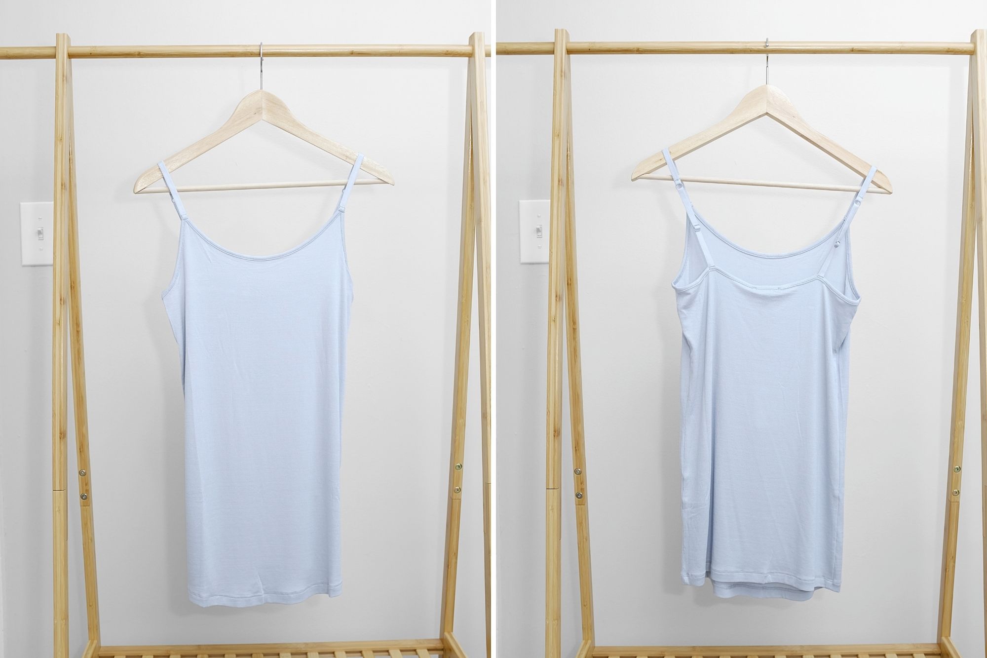 The Foundation Camisole hangs on a hanger, front and back