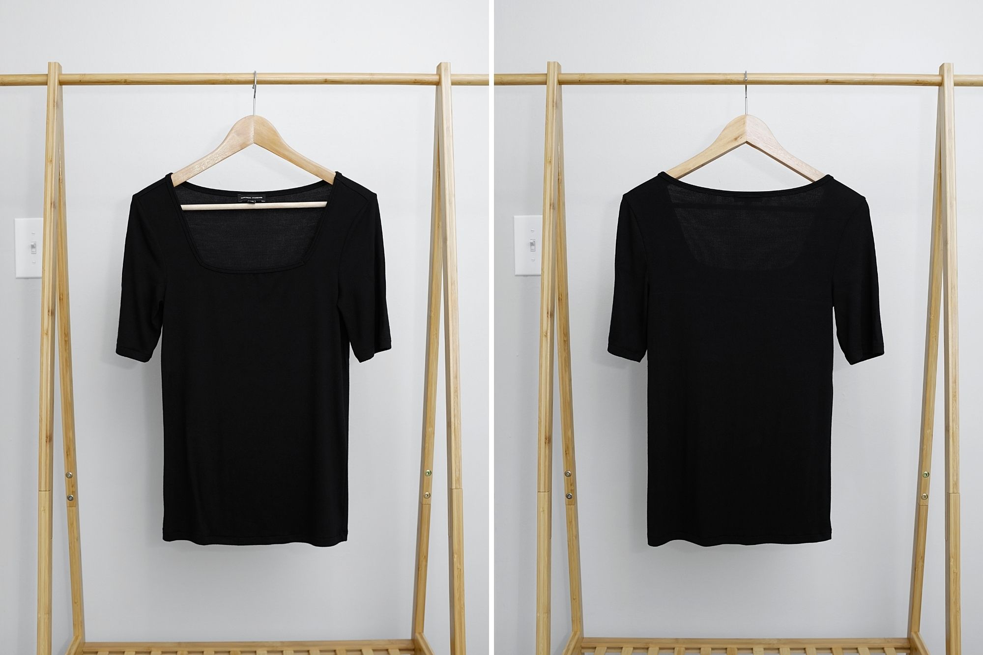 The Foundation Short Sleeve Square Neck Tee hangs on a hanger, front and back
