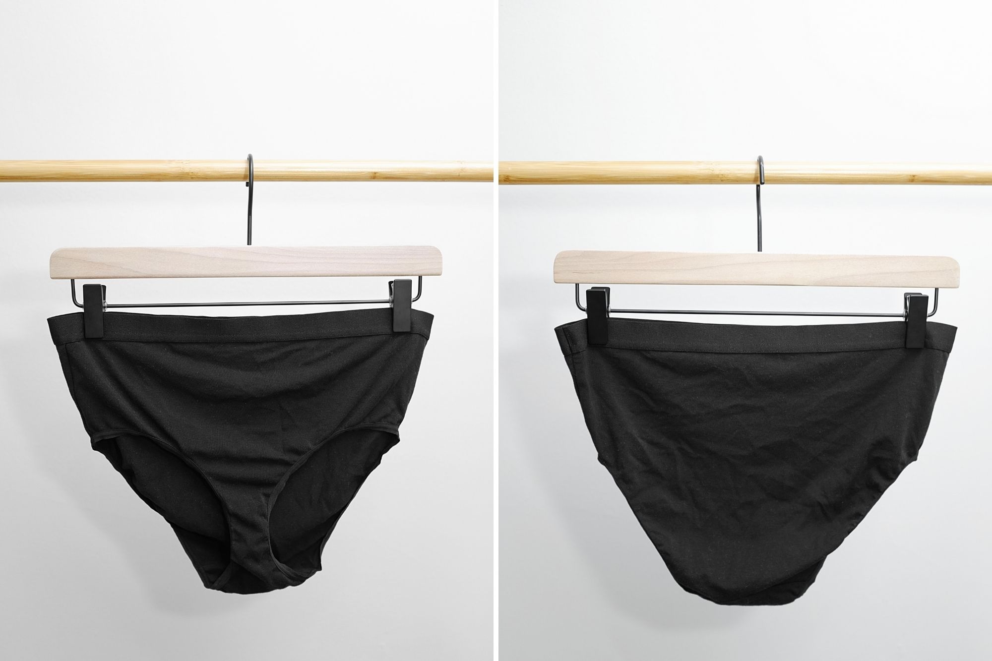The High Rise Brief hangs on a hanger, front and back